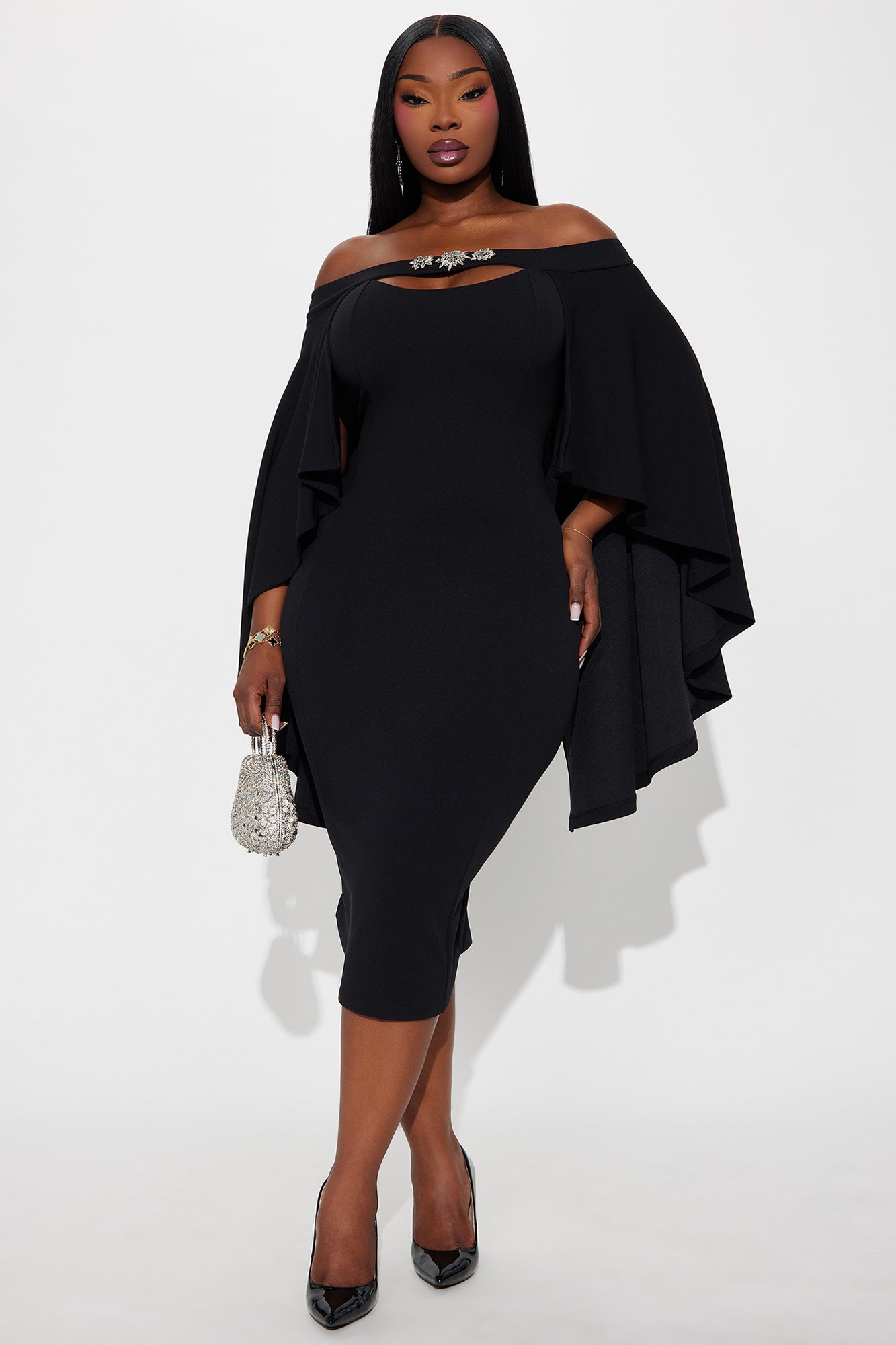 Madalyn Cape Crepe Knit Rhinestone Midi Dress - Black