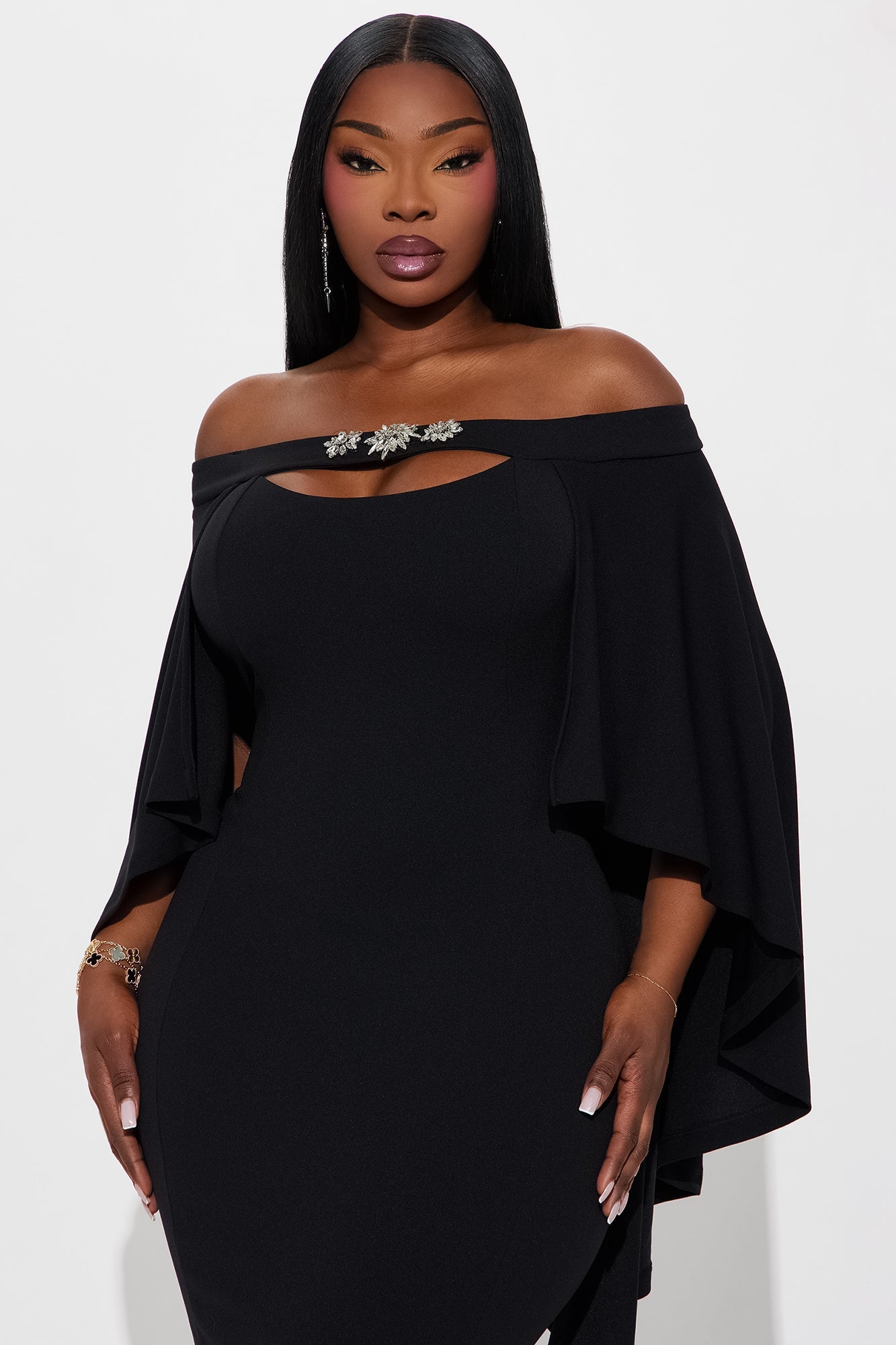 Madalyn Cape Crepe Knit Rhinestone Midi Dress - Black