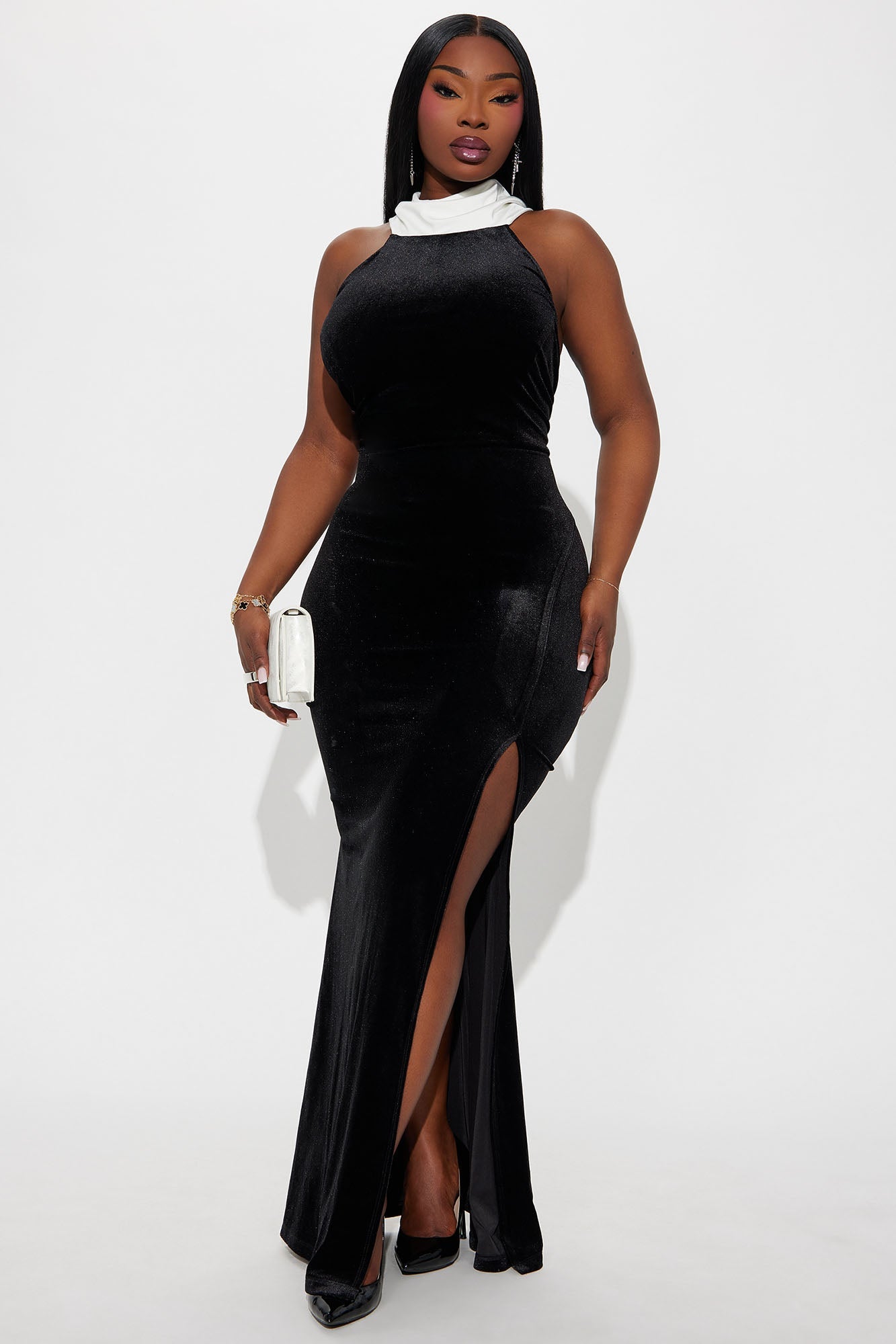 Feeling Formal Backless Velvet Gown - Black/White