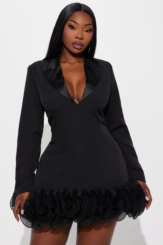 Maris Ruffle Hem Blazer Mini Dress - Black
