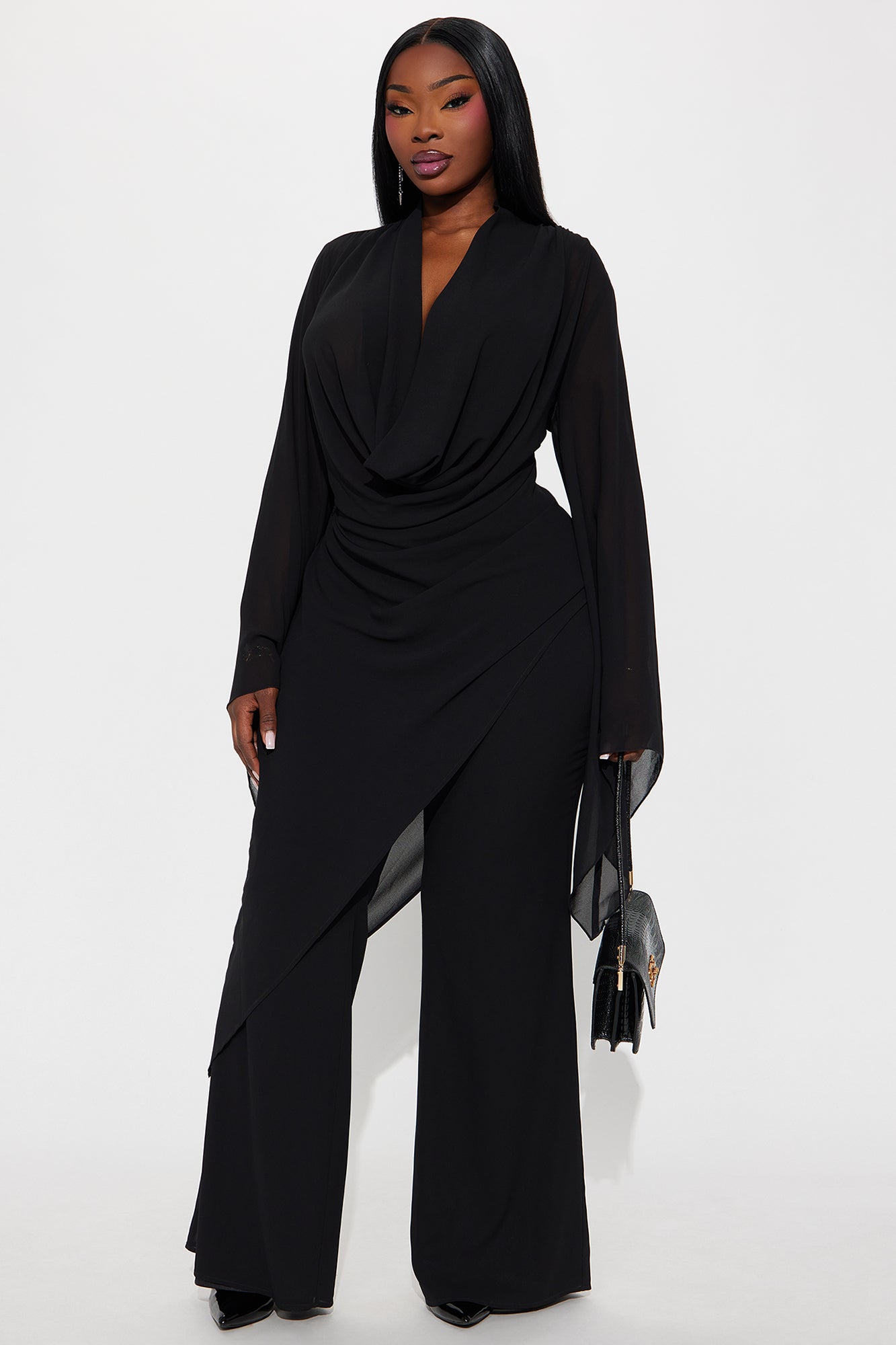 Carmen Asymmetrical Blouse Pant Set - Black