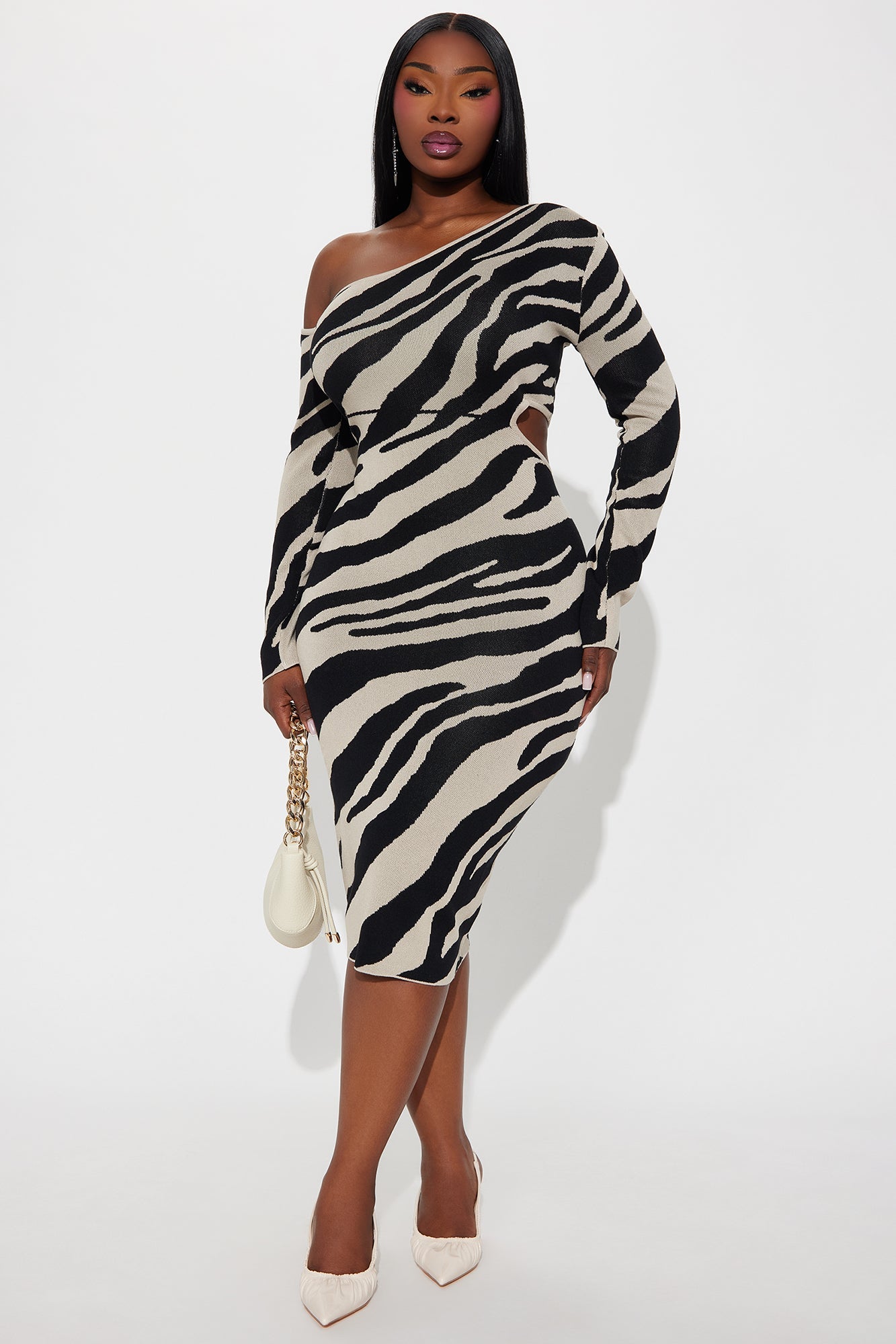 Sabine Zebra Sweater Midi Dress - Taupe/combo