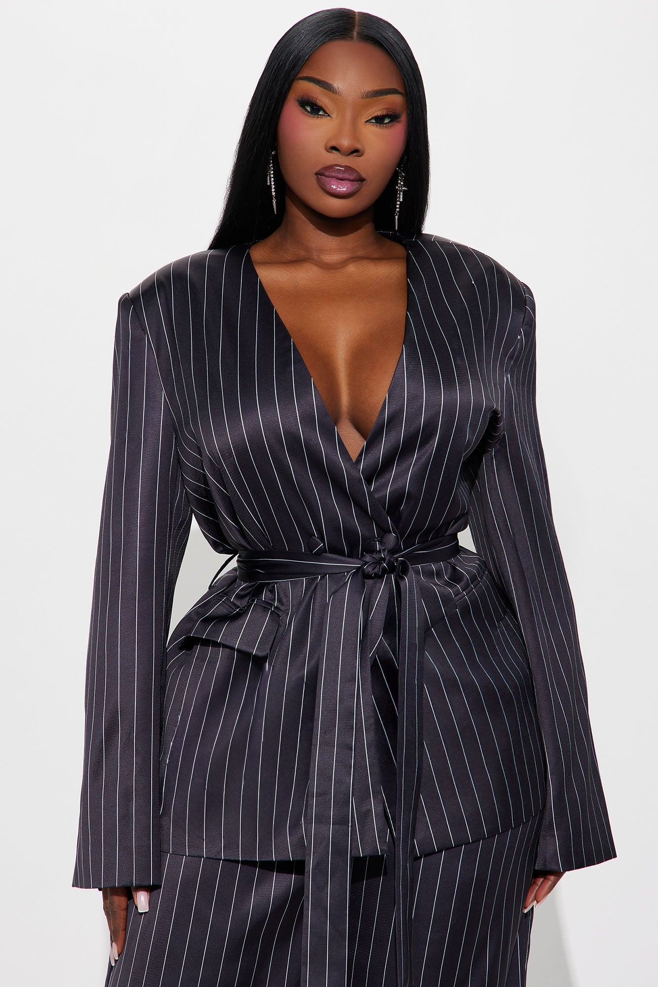 To Be Precise Pinstripe Satin Belted Blazer Pant Set - Black
