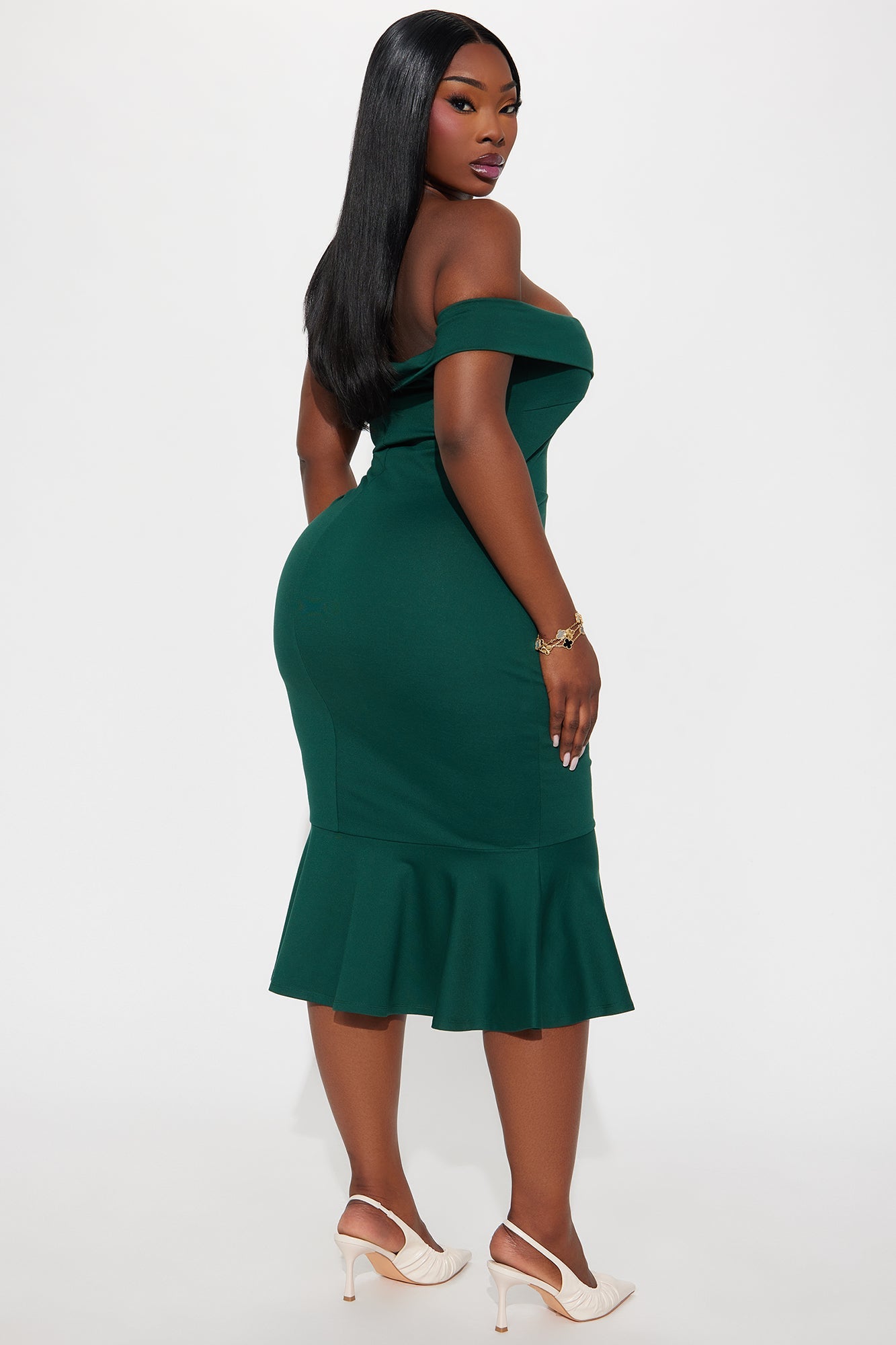 Eloise Off Shoulder Body Sculpting Midi Dress - Hunter
