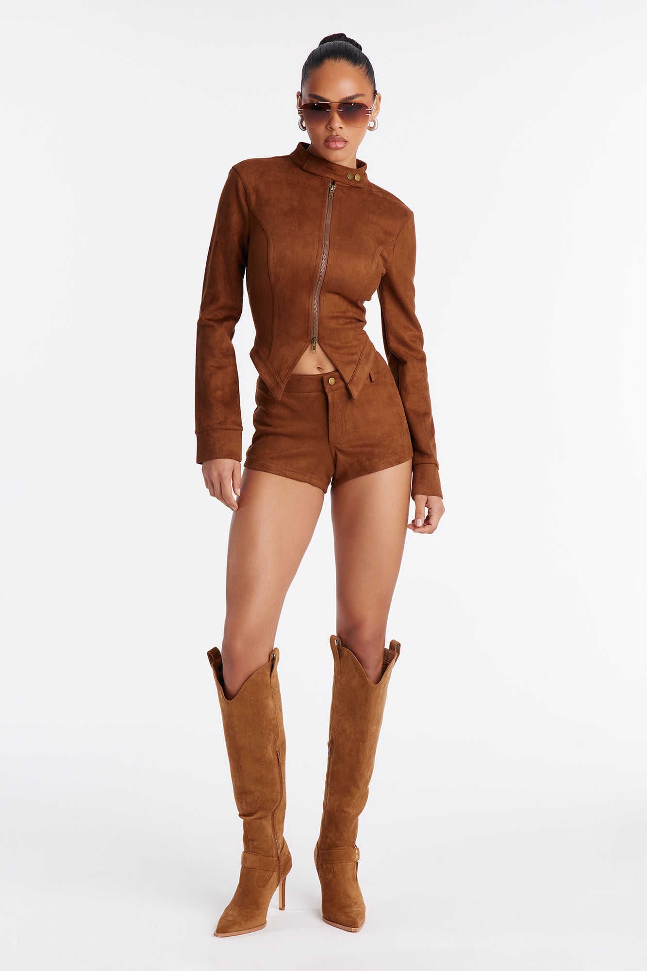 Morella Faux Suede Short Set - Brown