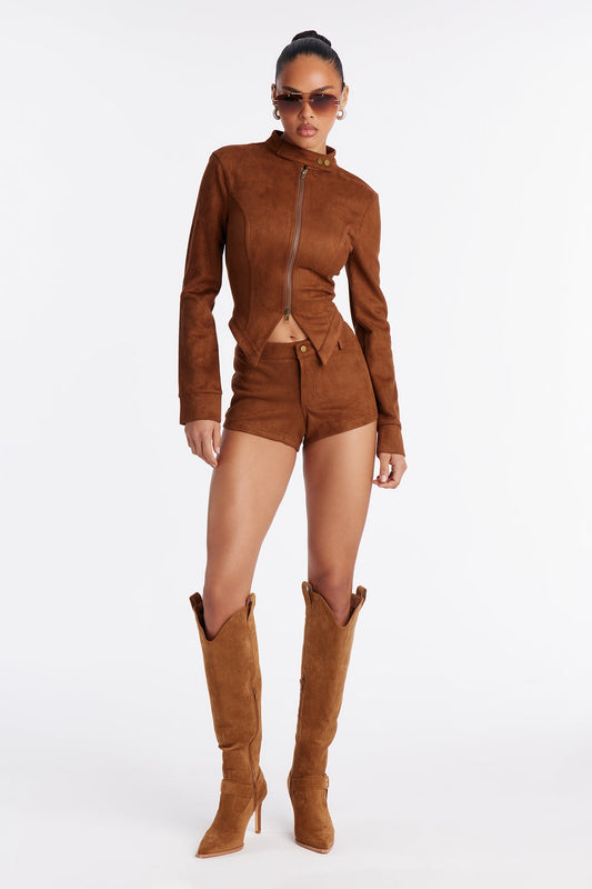 Morella Faux Suede Short Set - Brown