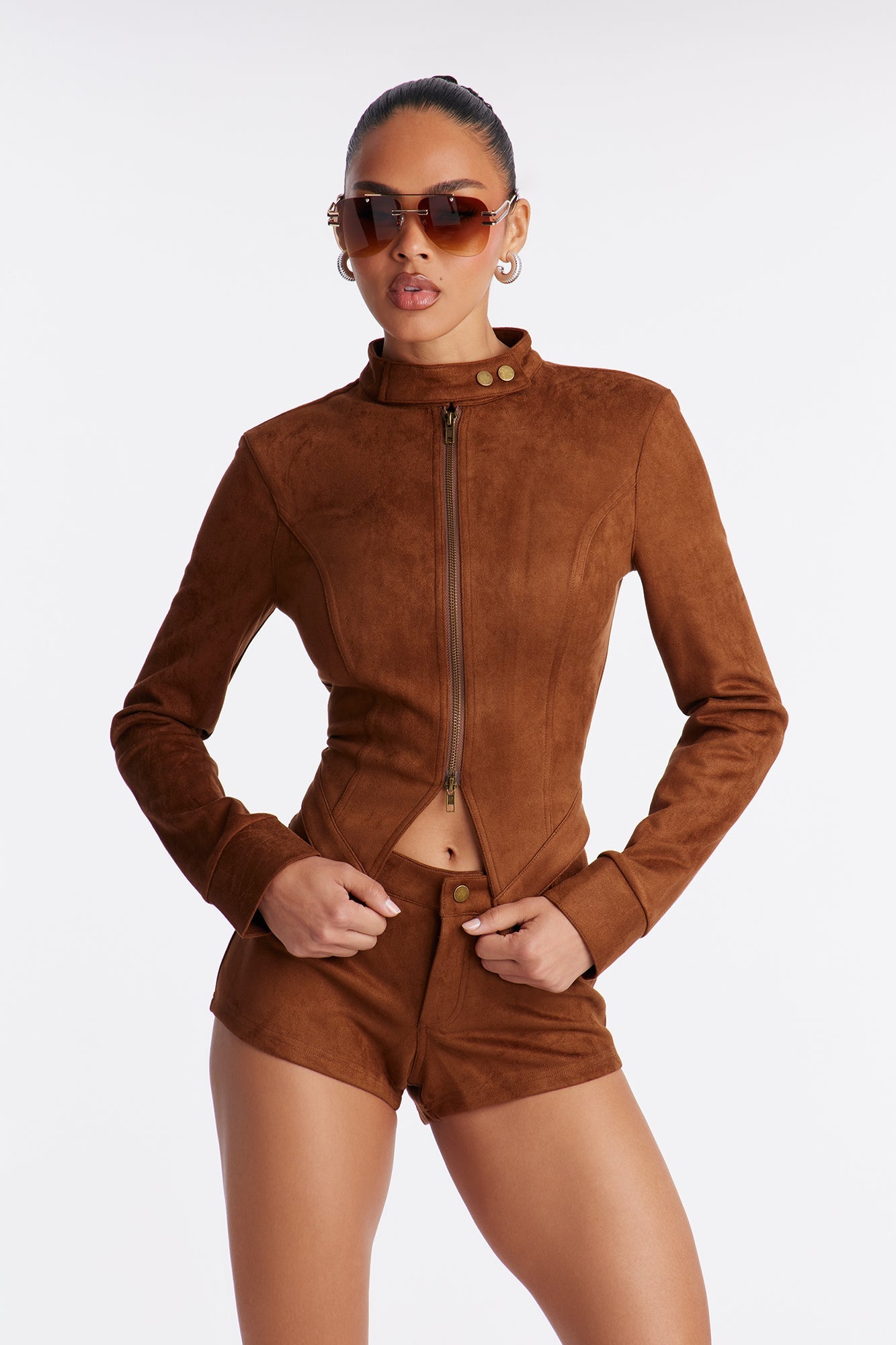 Morella Faux Suede Short Set - Brown