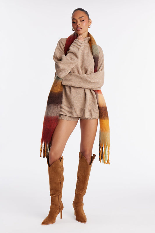 Kristen Sweater Turtle Neck Short Set - Taupe