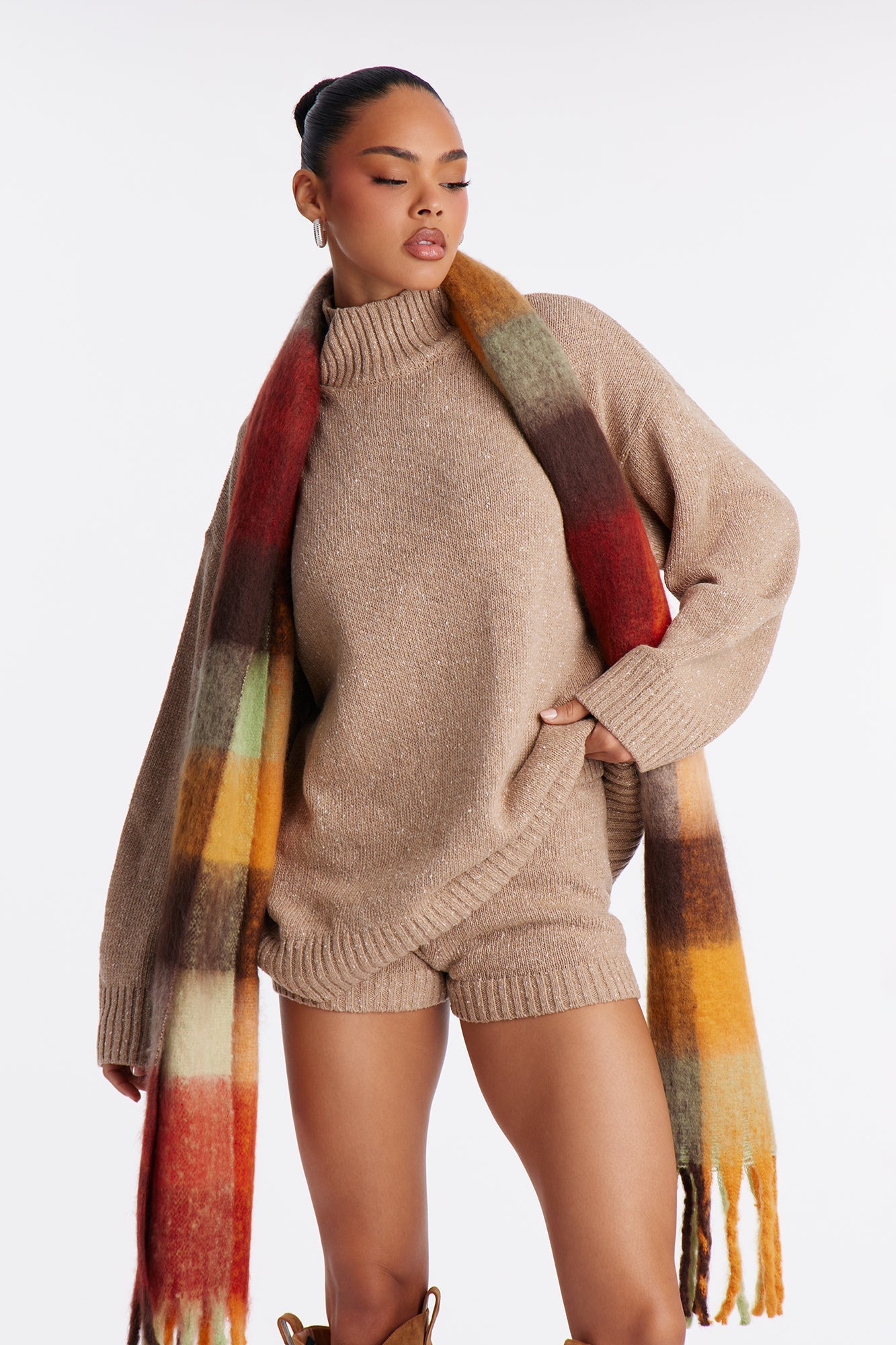 Kristen Sweater Turtle Neck Short Set - Taupe