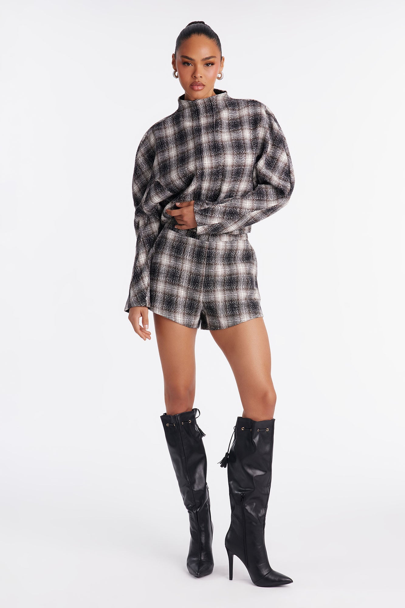 City Chill Plaid Jacket Short Set - Black/combo