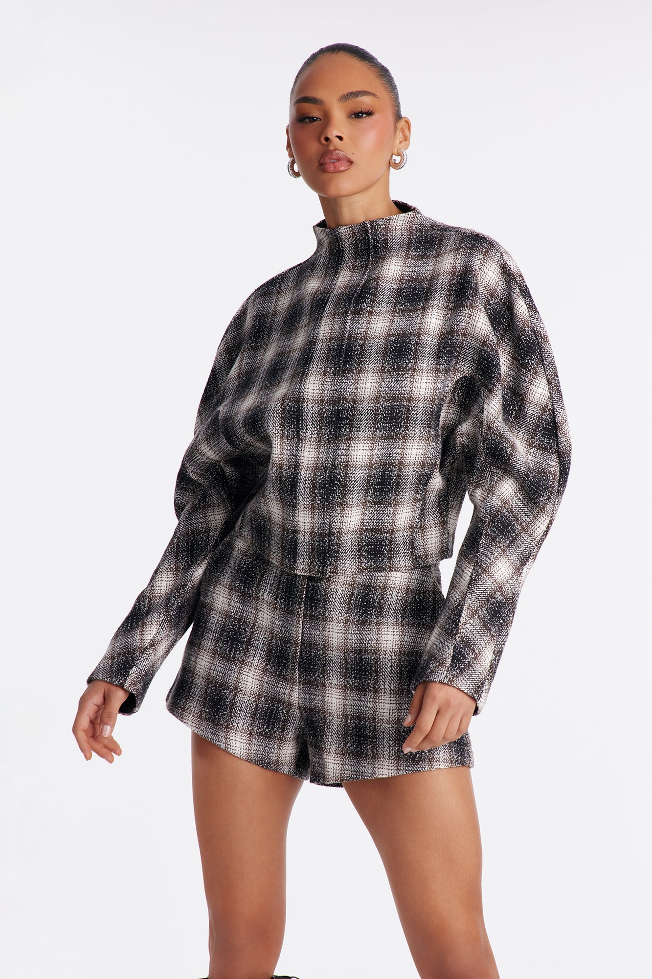 City Chill Plaid Jacket Short Set - Black/combo