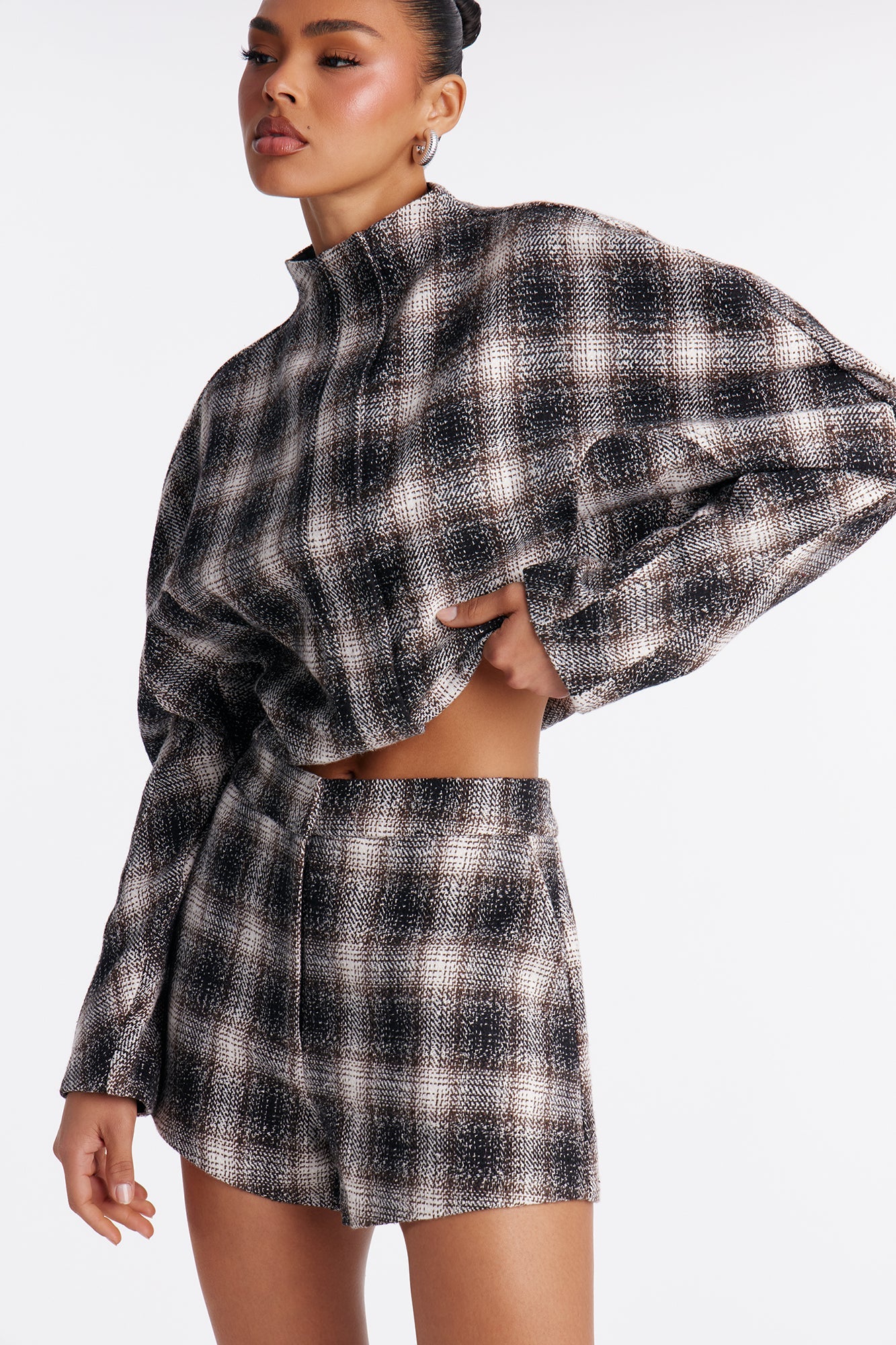 City Chill Plaid Jacket Short Set - Black/combo