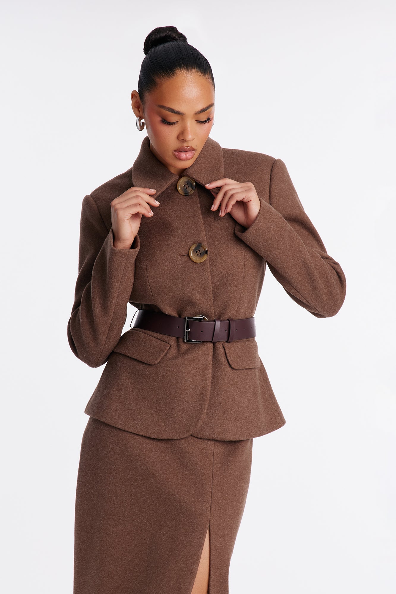 Chic In Charge Belted Blazer Maxi Skirt Set - Brown