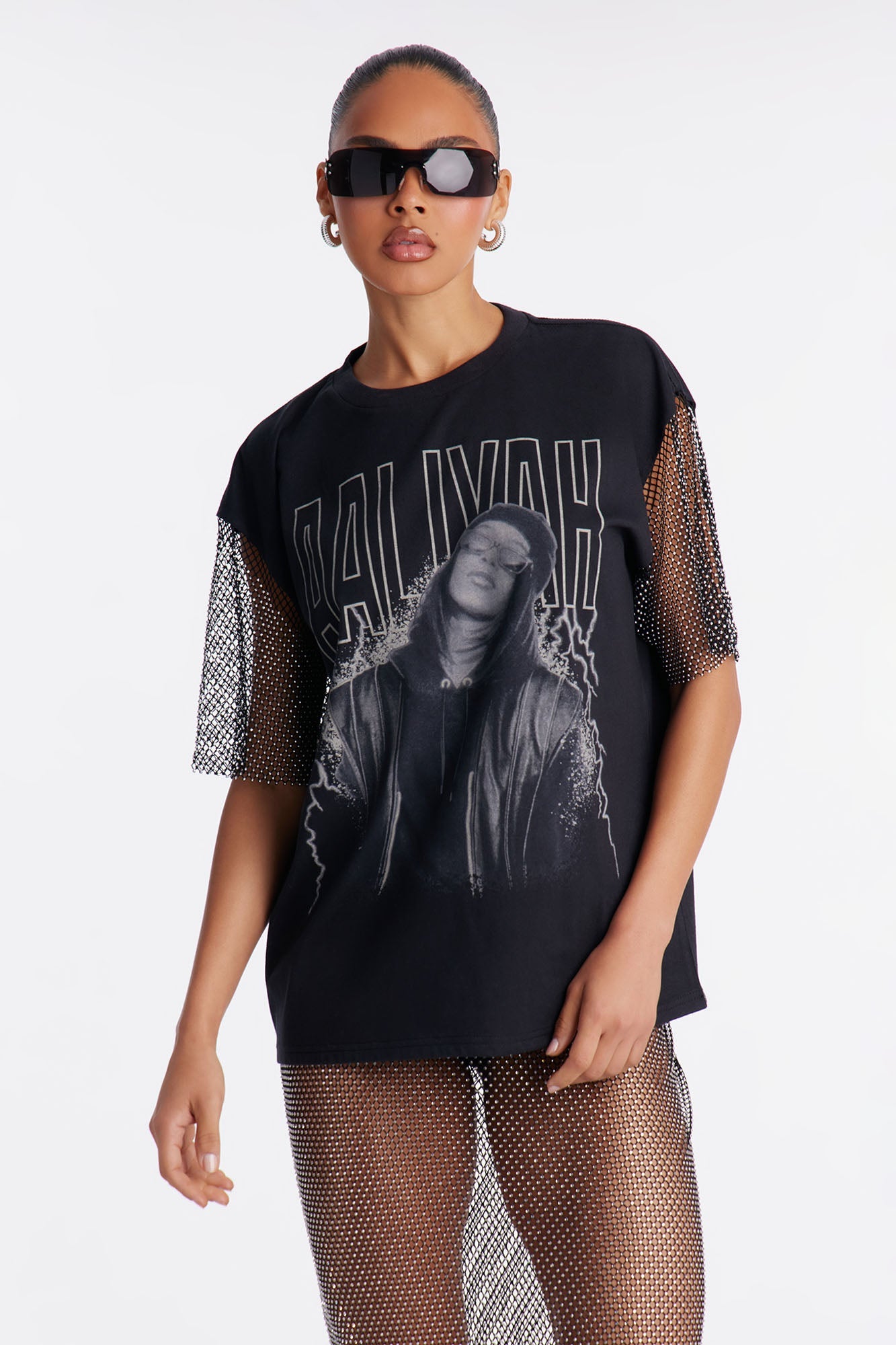 Aaliyah Forever Rhinestone Short Sleeve Tshirt - Black