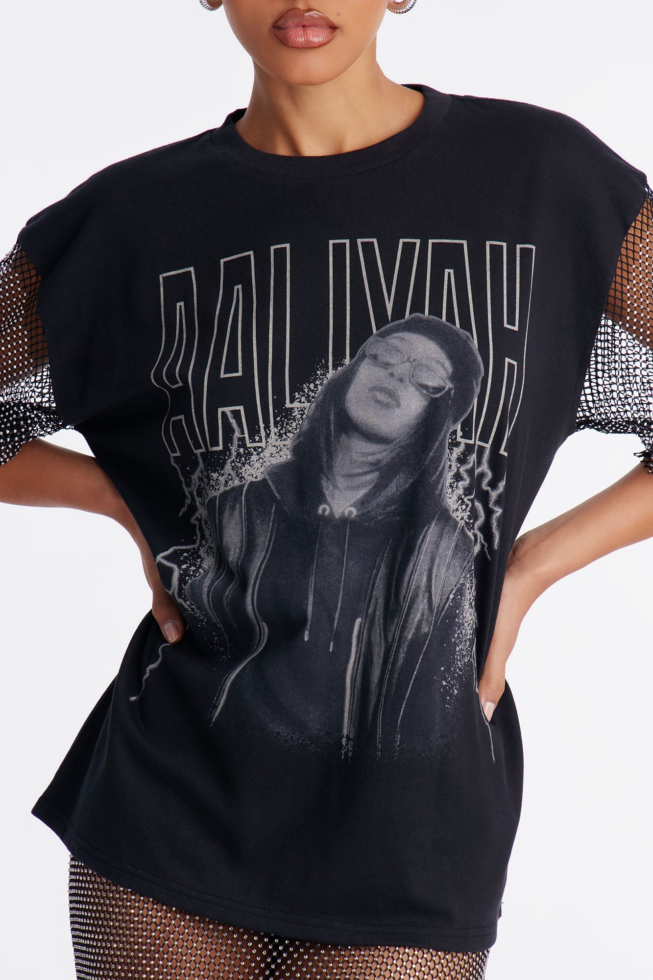 Aaliyah Forever Rhinestone Short Sleeve Tshirt - Black