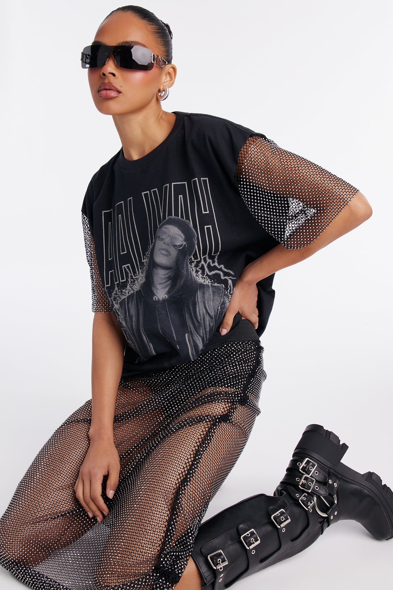 Aaliyah Forever Rhinestone Short Sleeve Tshirt - Black