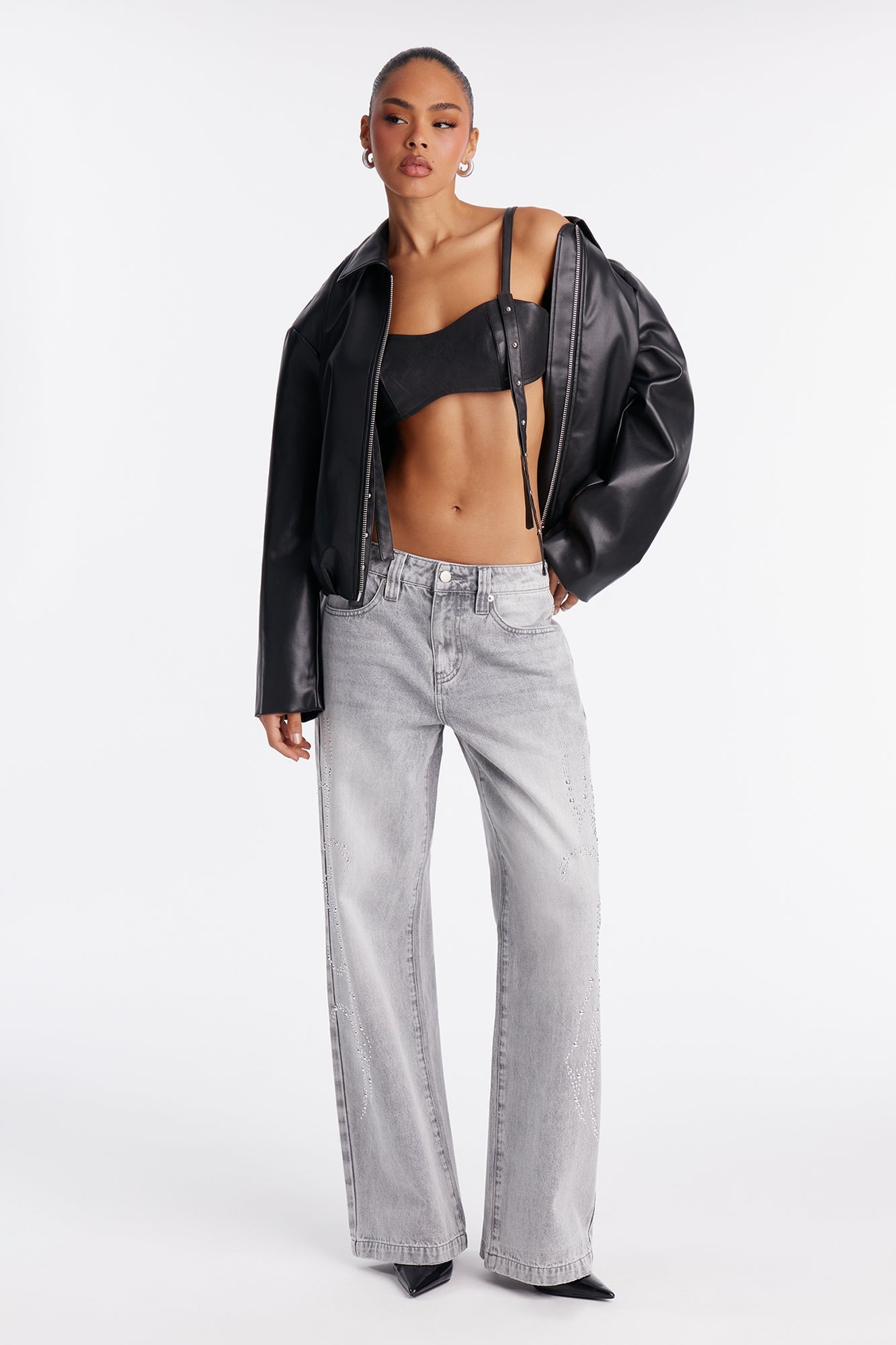 Moonchild Studded Embellishment Wide Leg Jeans - Grey