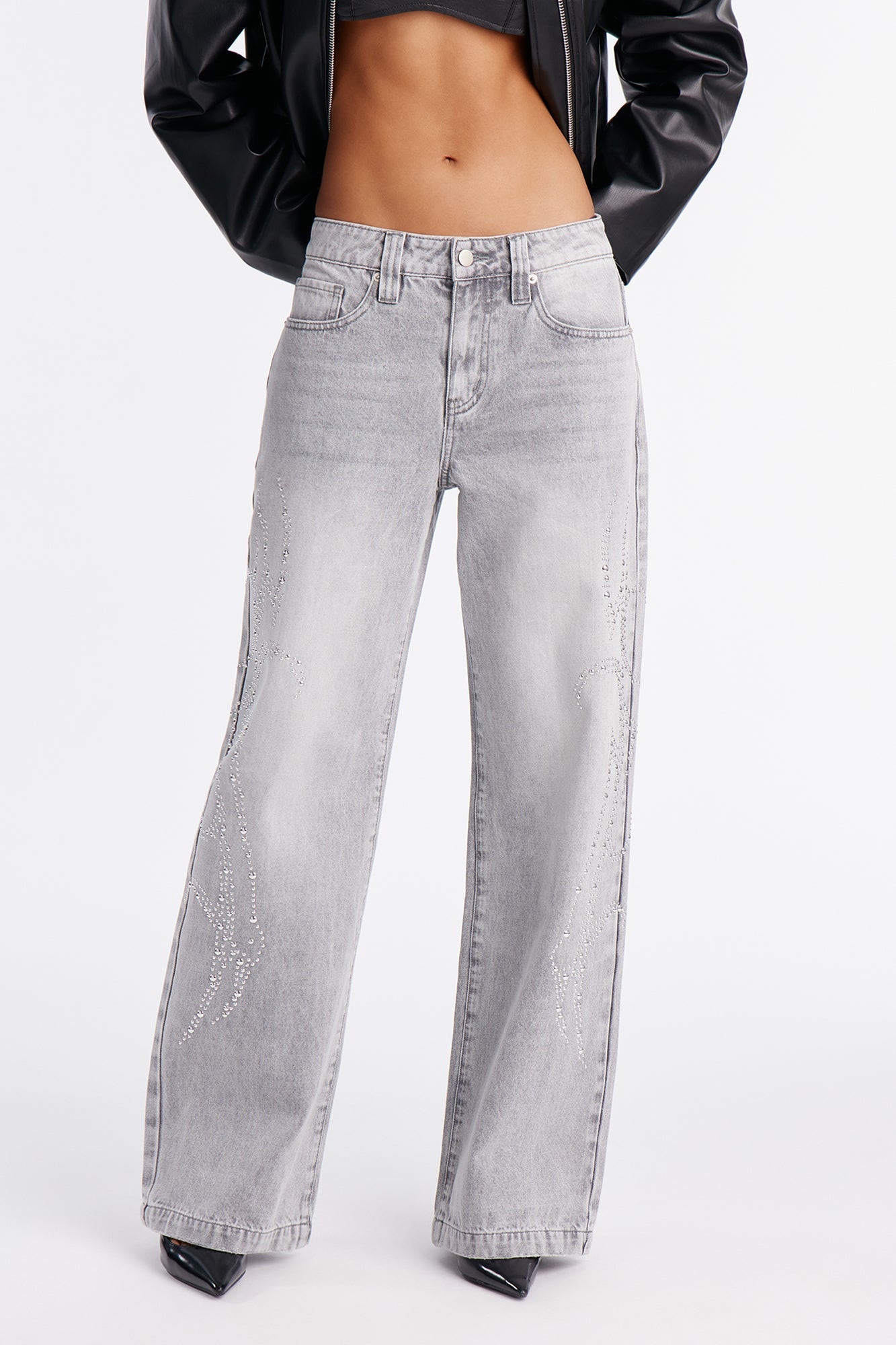Moonchild Studded Embellishment Wide Leg Jeans - Grey