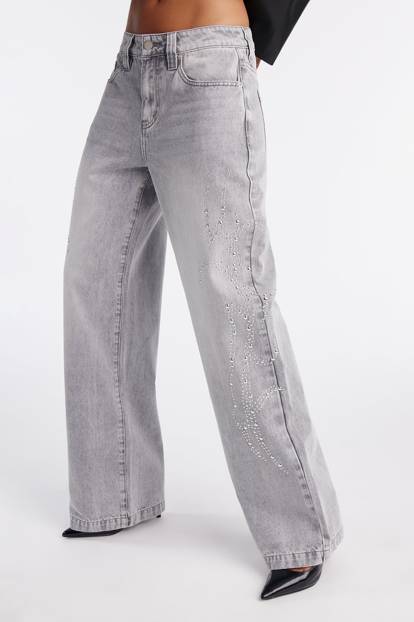 Moonchild Studded Embellishment Wide Leg Jeans - Grey