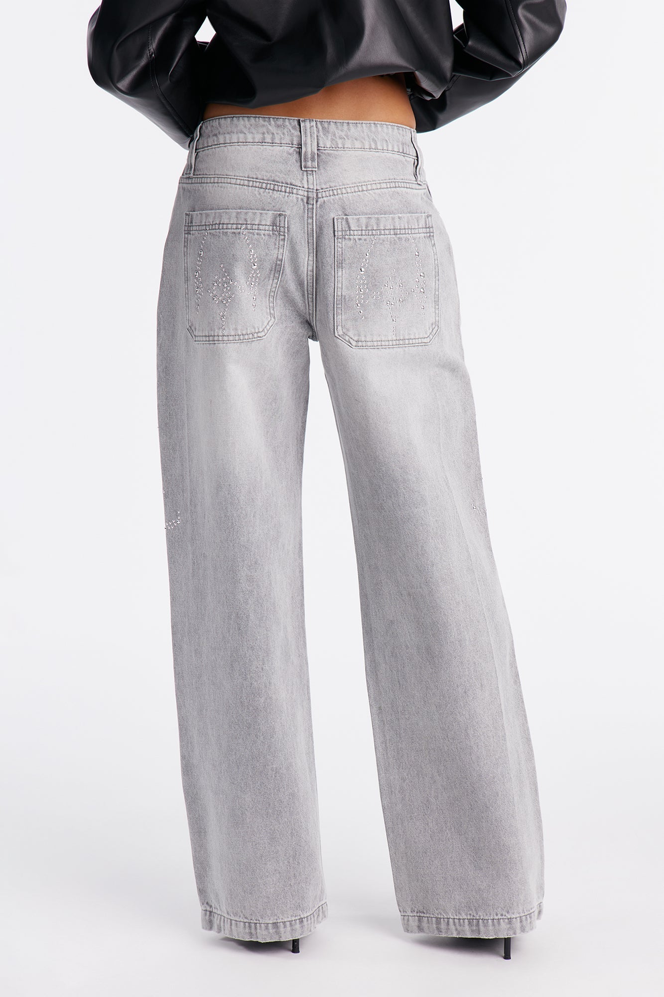 Moonchild Studded Embellishment Wide Leg Jeans - Grey