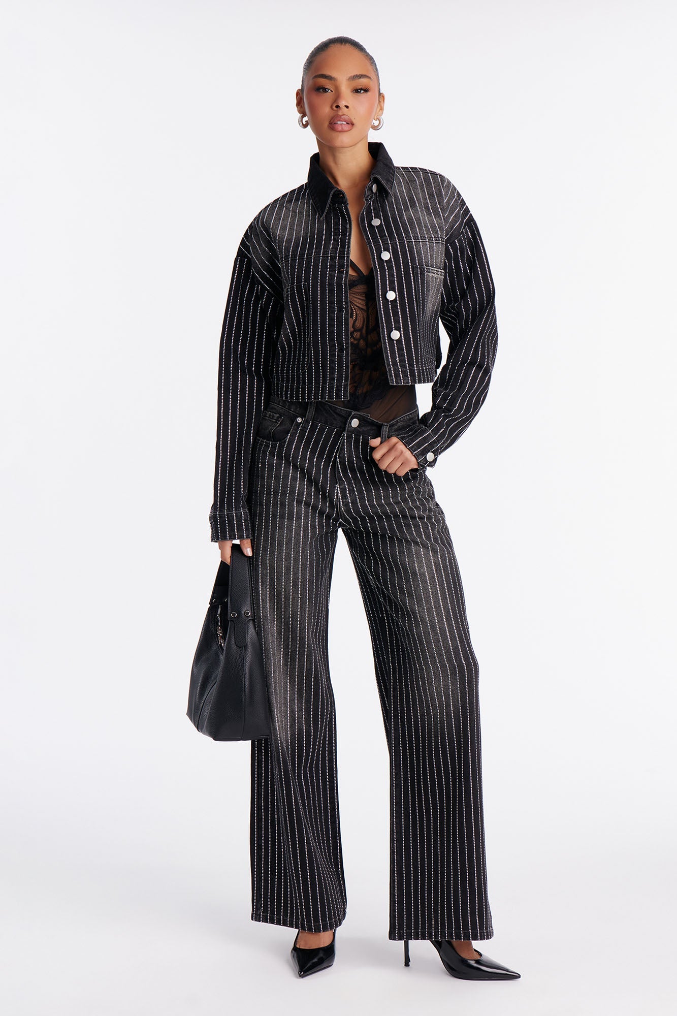 Keep The Bling Embellished Wide Leg Jeans - Black Wash