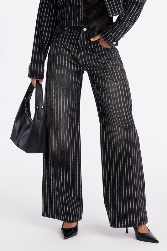 Keep The Bling Embellished Wide Leg Jeans - Black Wash