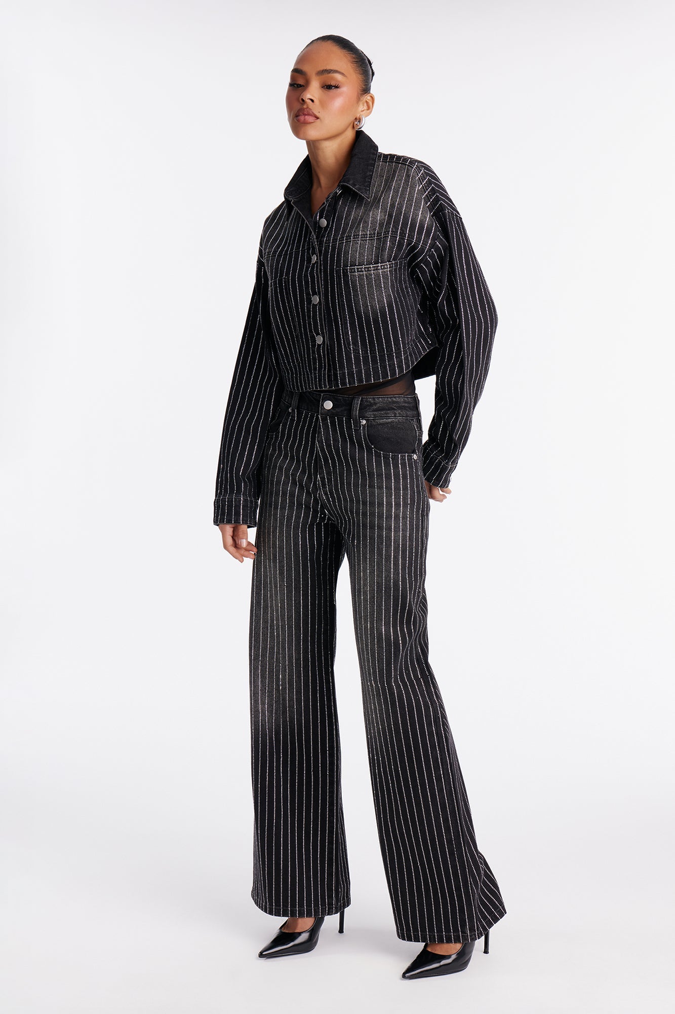 Keep The Bling Embellished Denim Shacket - Black Wash