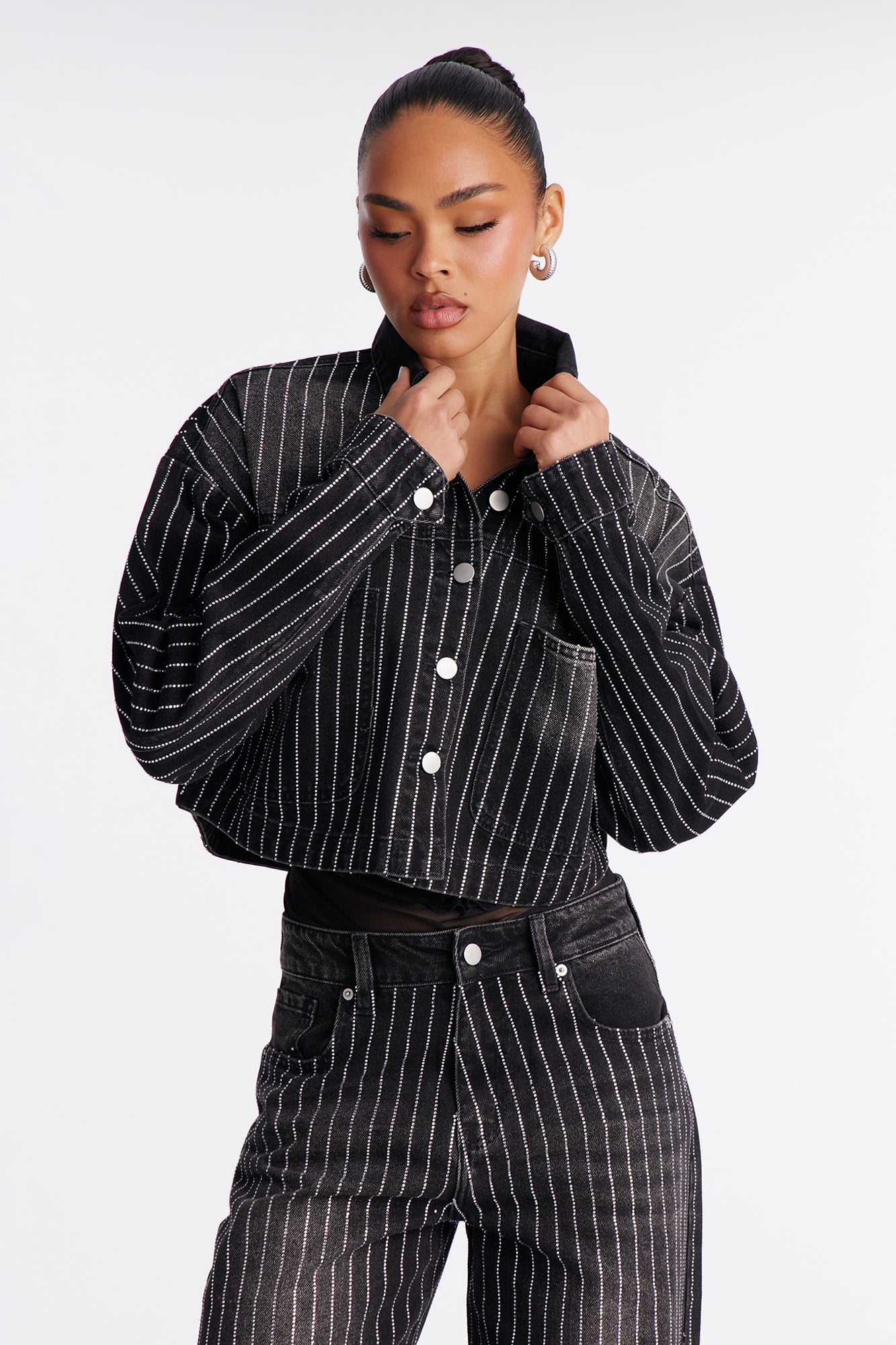 Keep The Bling Embellished Denim Shacket - Black Wash