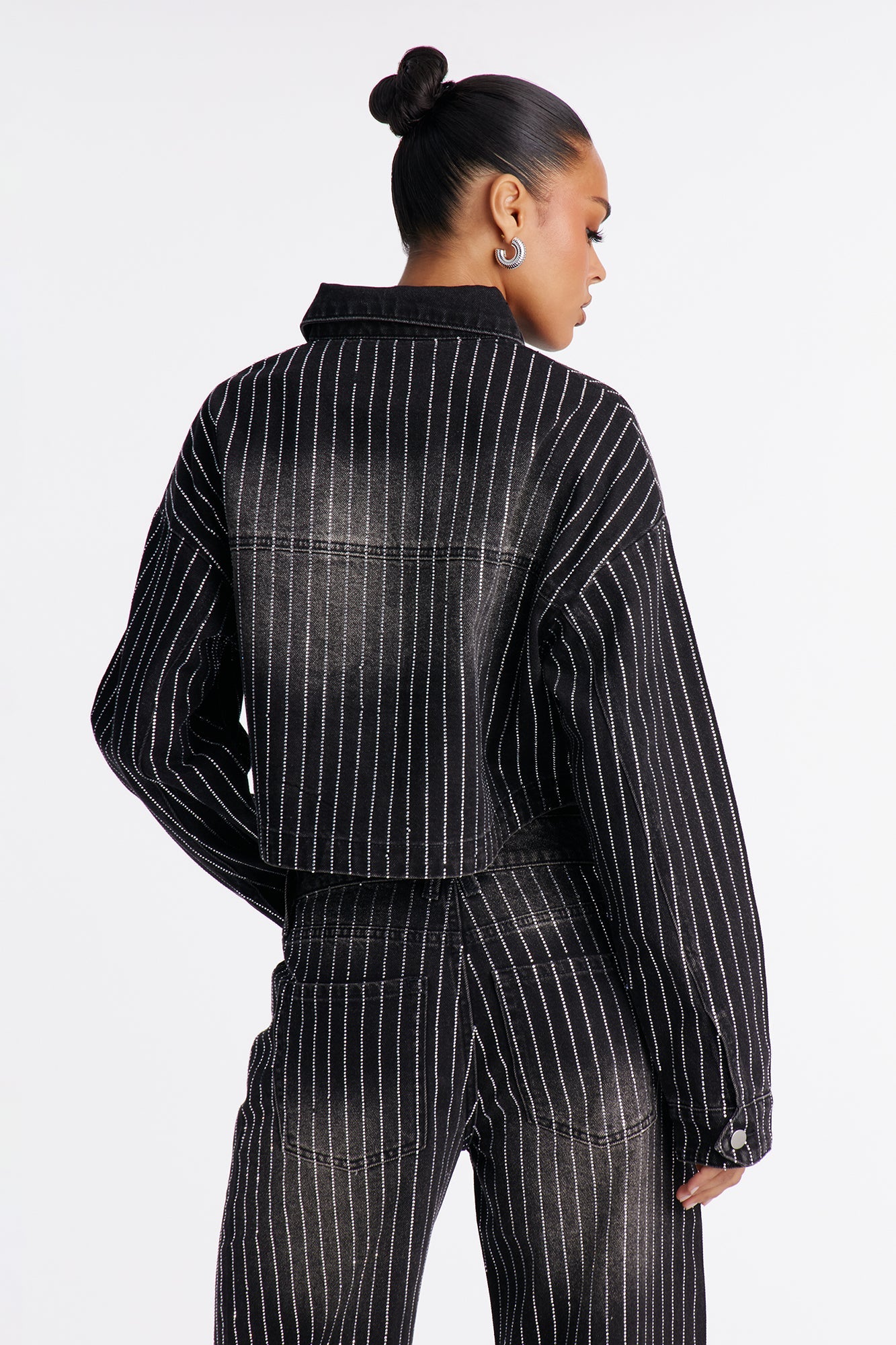 Keep The Bling Embellished Denim Shacket - Black Wash