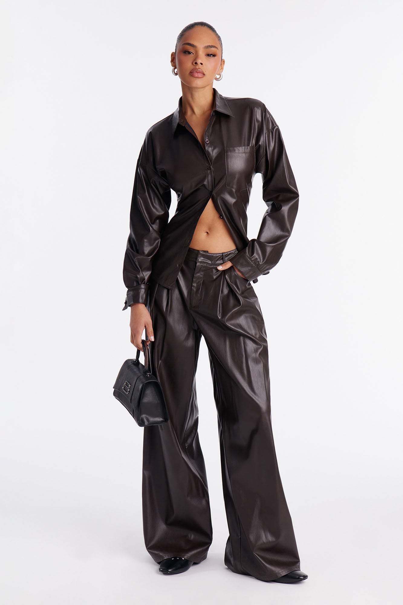 Locked In Faux Leather Lace Up Shirt Pant Set - Brown