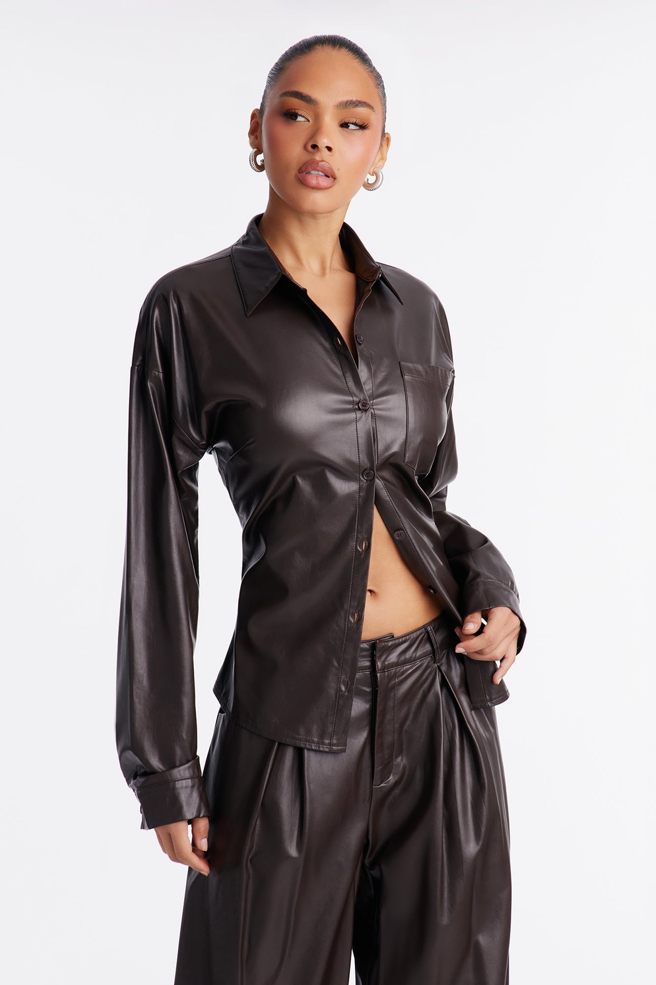 Locked In Faux Leather Lace Up Shirt Pant Set - Brown