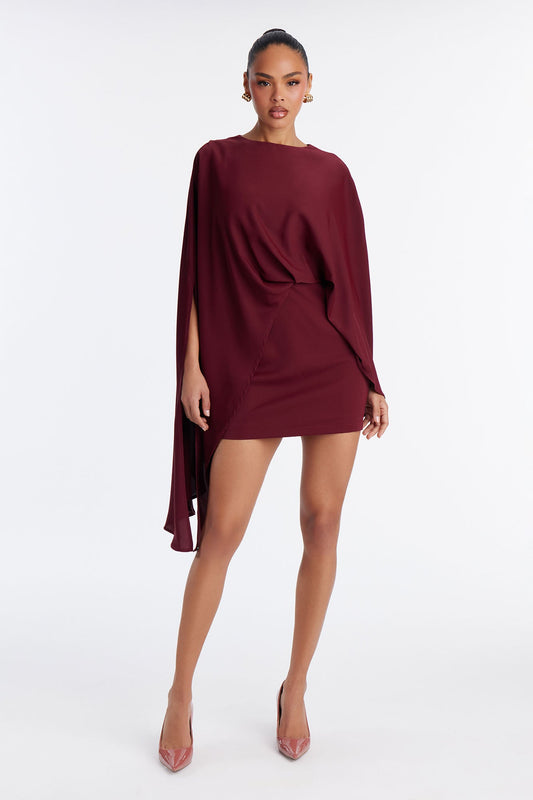 Charlotte Cape Crepe Woven Mini Dress - Burgundy