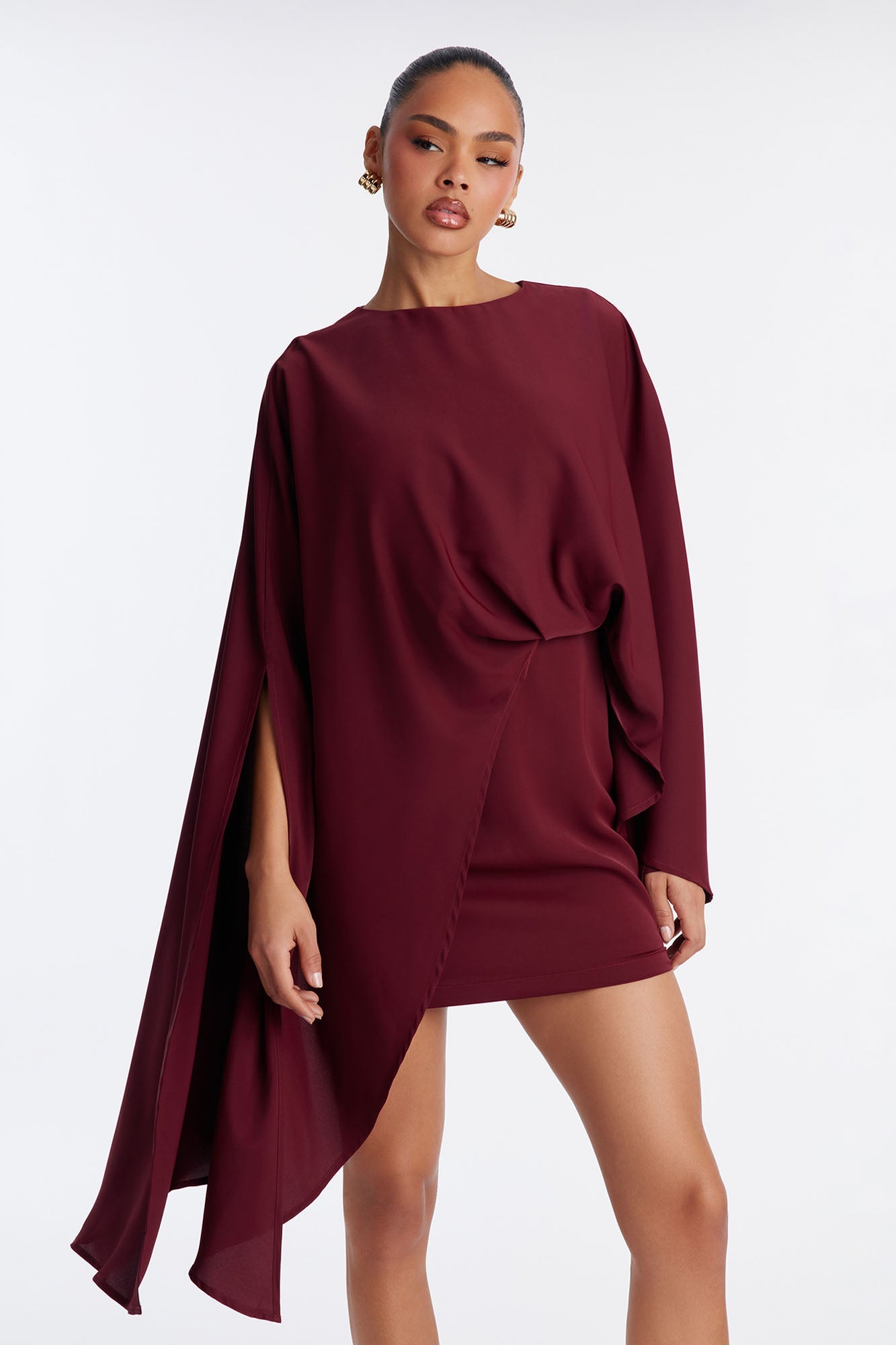 Charlotte Cape Crepe Woven Mini Dress - Burgundy