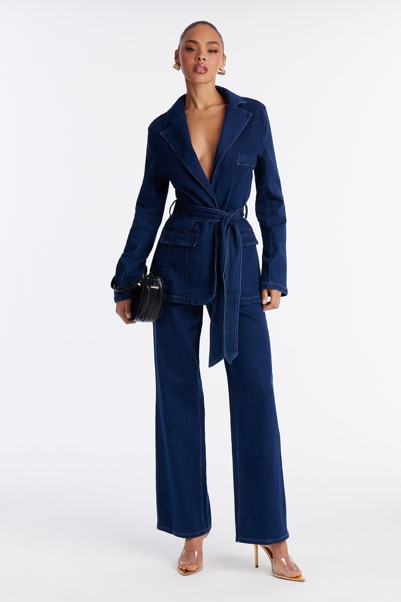 Short Desiree Washed Denim Blazer Pant Set - Dark Wash