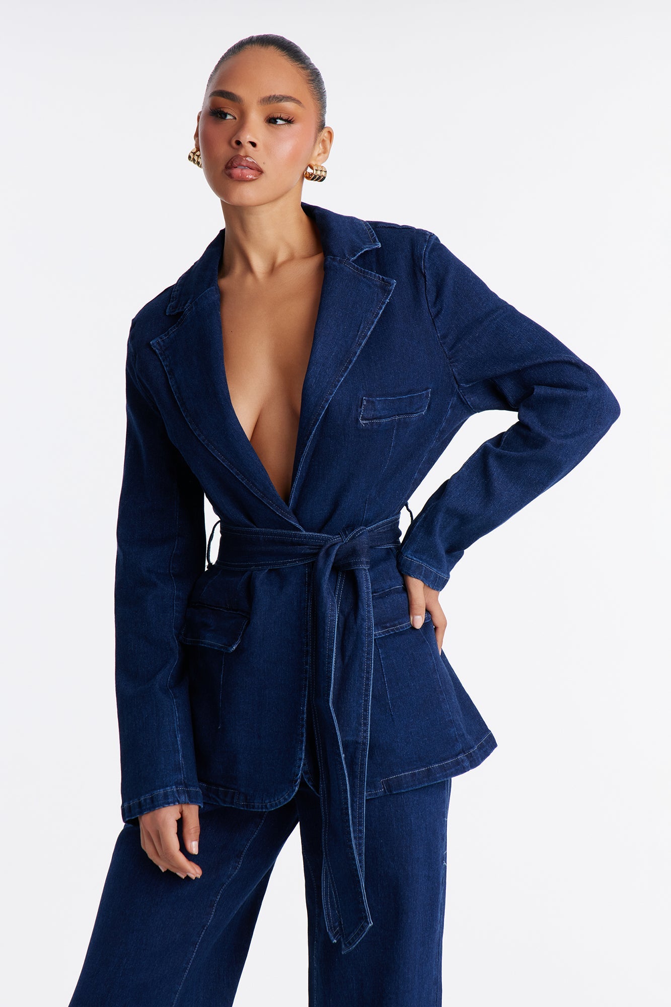 Short Desiree Washed Denim Blazer Pant Set - Dark Wash