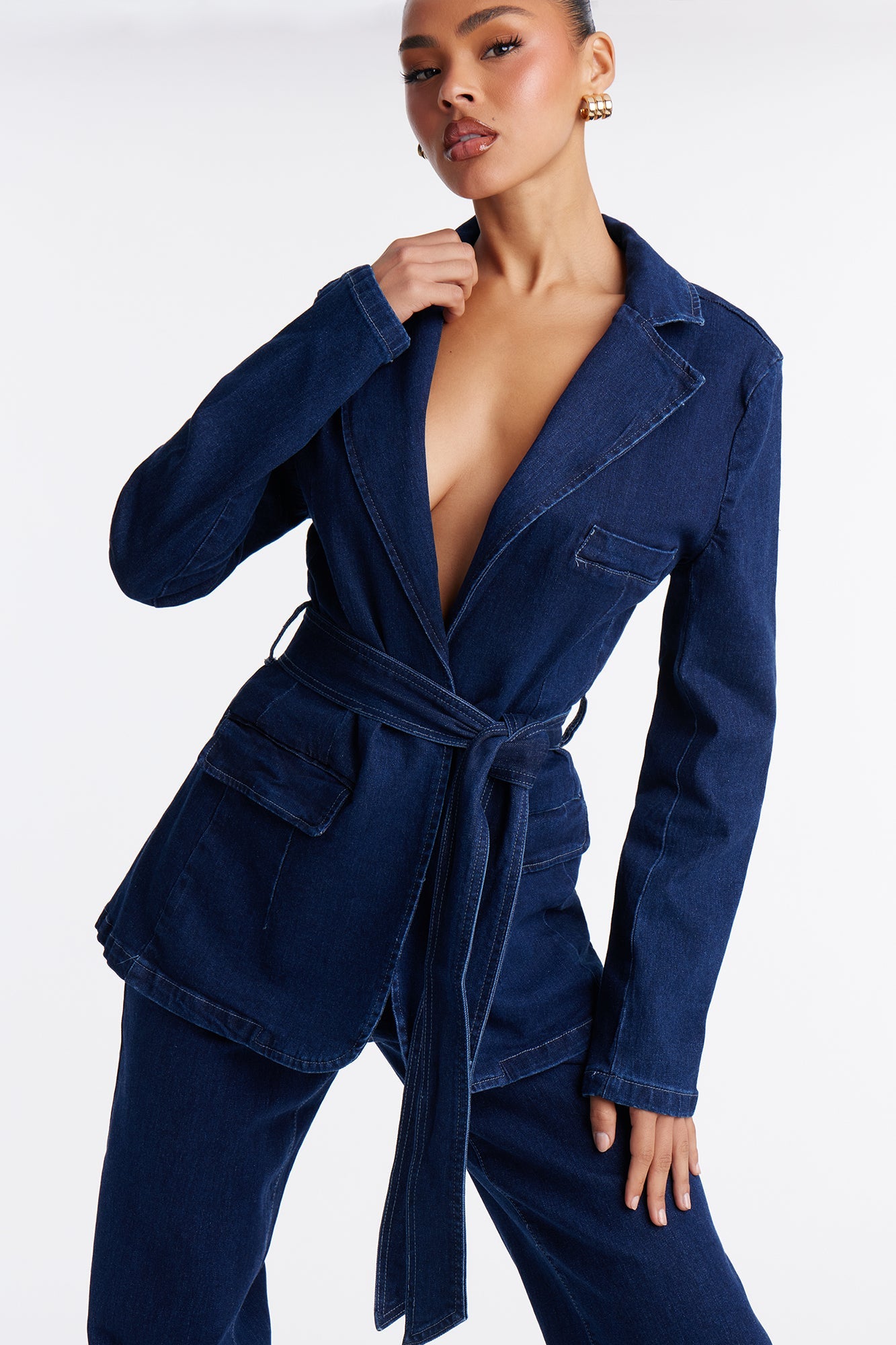 Short Desiree Washed Denim Blazer Pant Set - Dark Wash