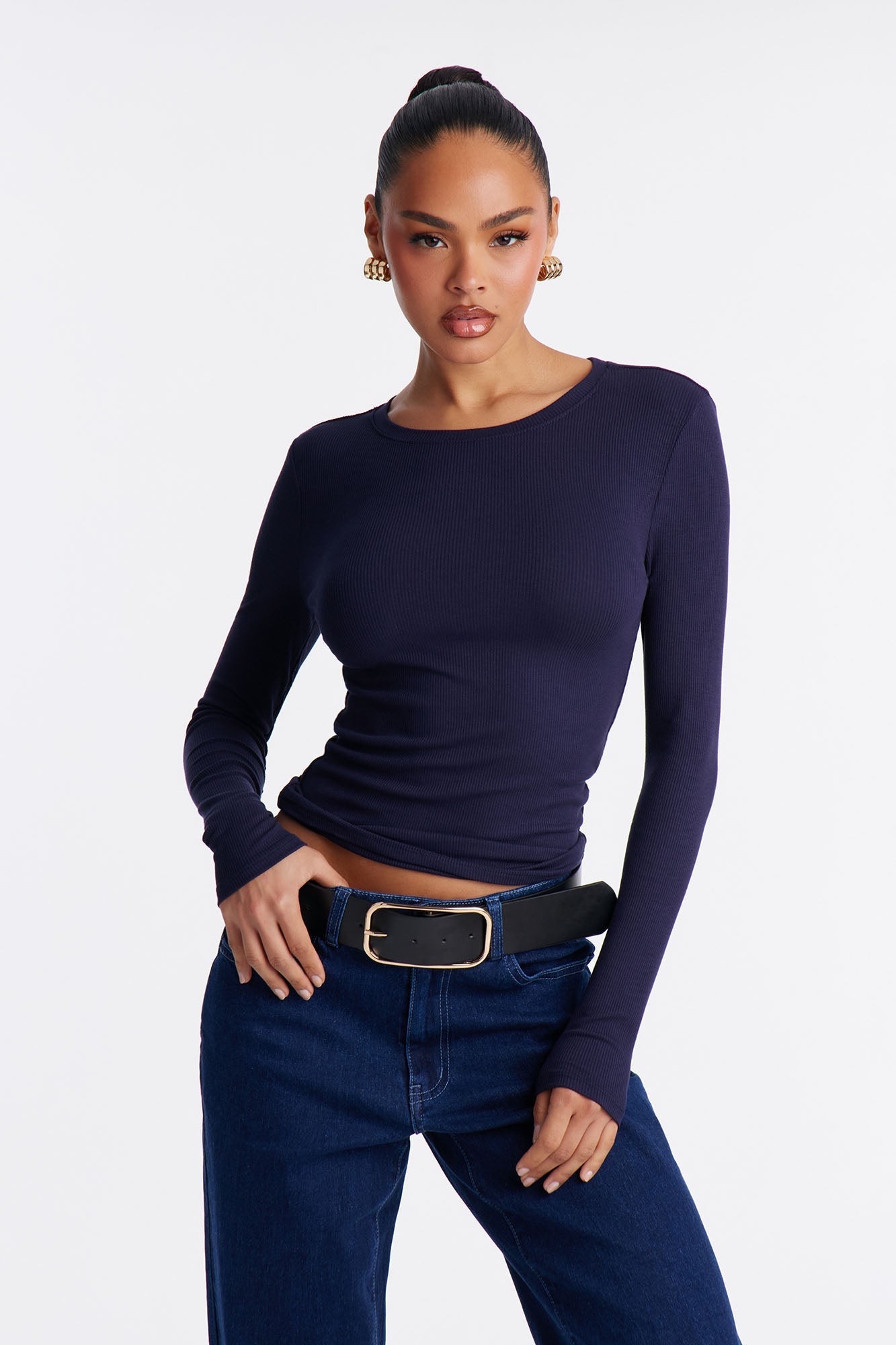 Mielle Crew Neck Long Sleeve Top - Navy