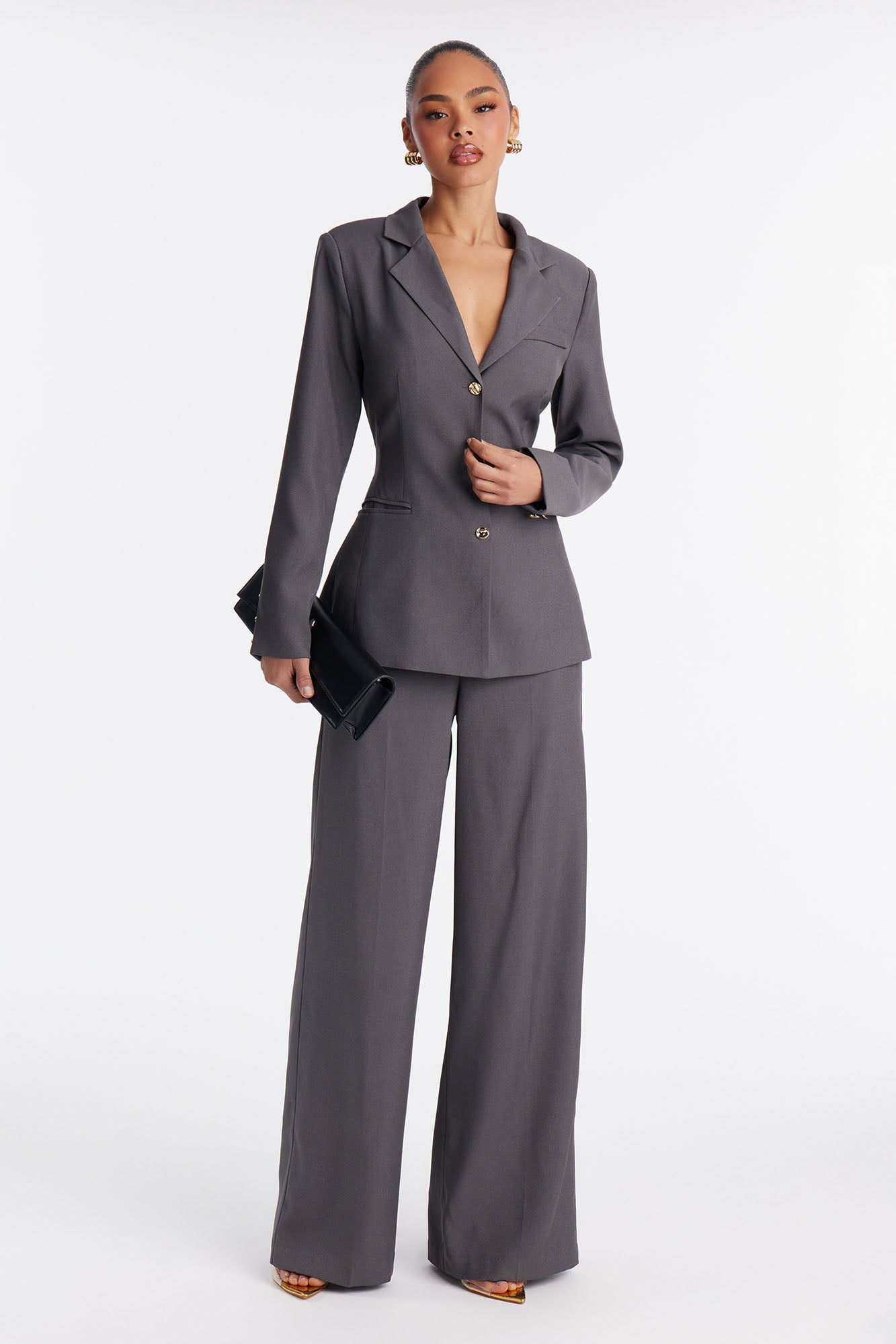Jaymee Adjustable Waist Blazer Pant Set - Grey