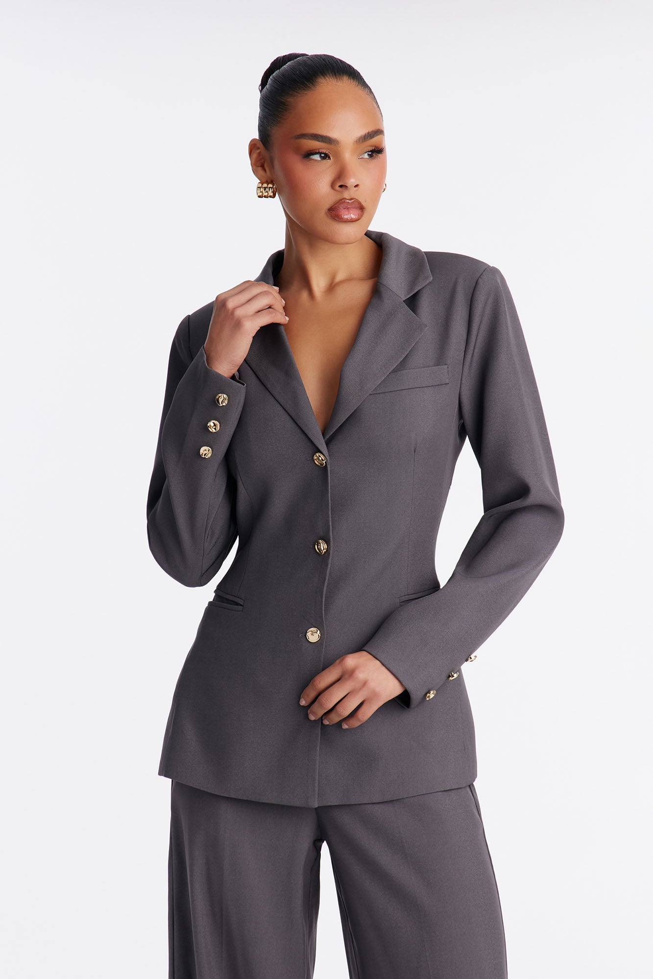 Jaymee Adjustable Waist Blazer Pant Set - Grey