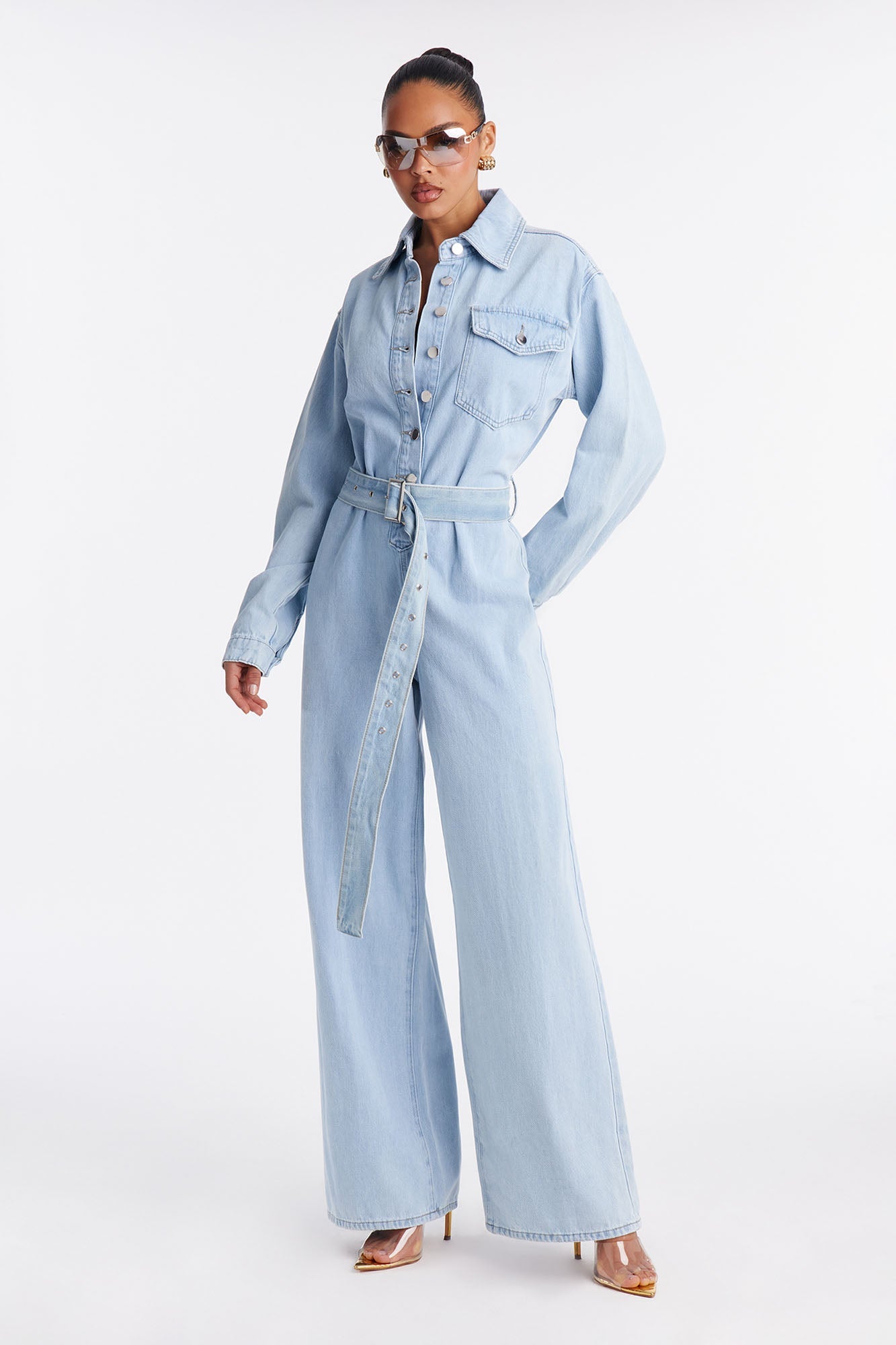Denise Belted Denim Jumpsuit - Sky Denim