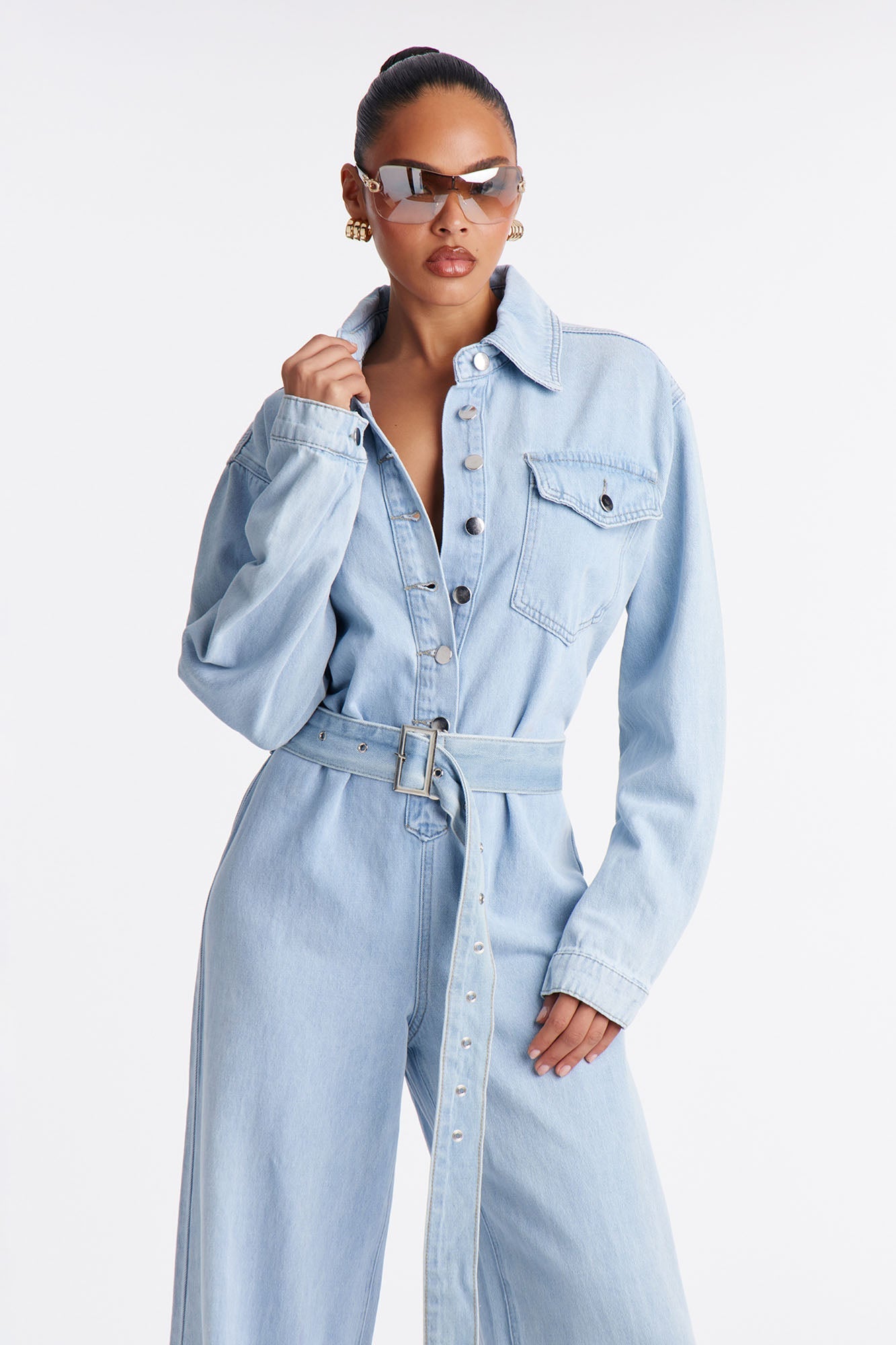 Denise Belted Denim Jumpsuit - Sky Denim