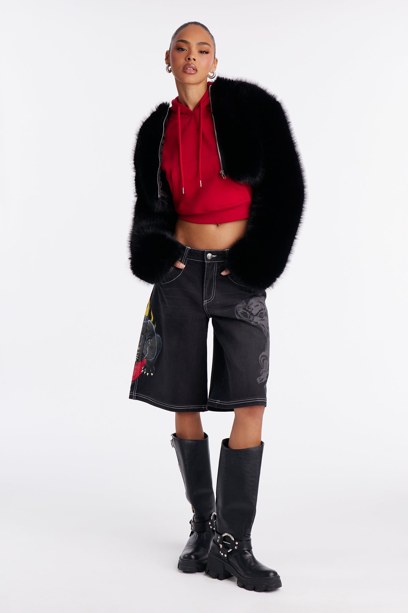 Ed Hardy Panther Heart Denim Jorts - Black Wash