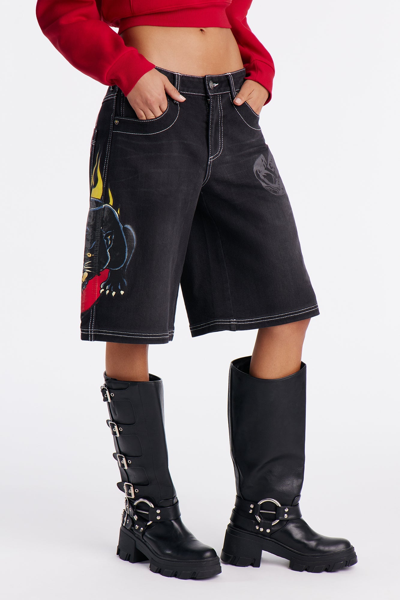 Ed Hardy Panther Heart Denim Jorts - Black Wash