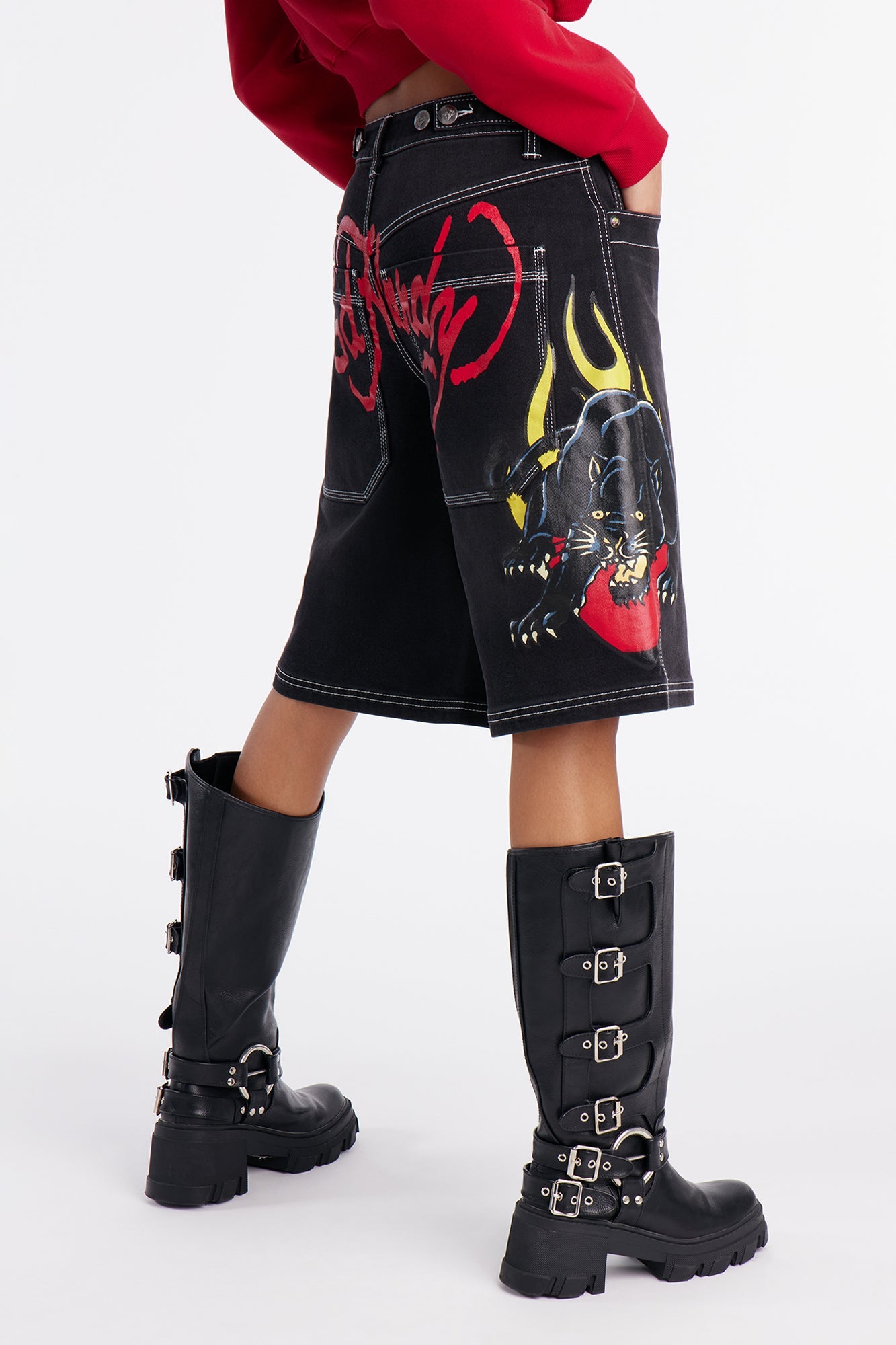 Ed Hardy Panther Heart Denim Jorts - Black Wash