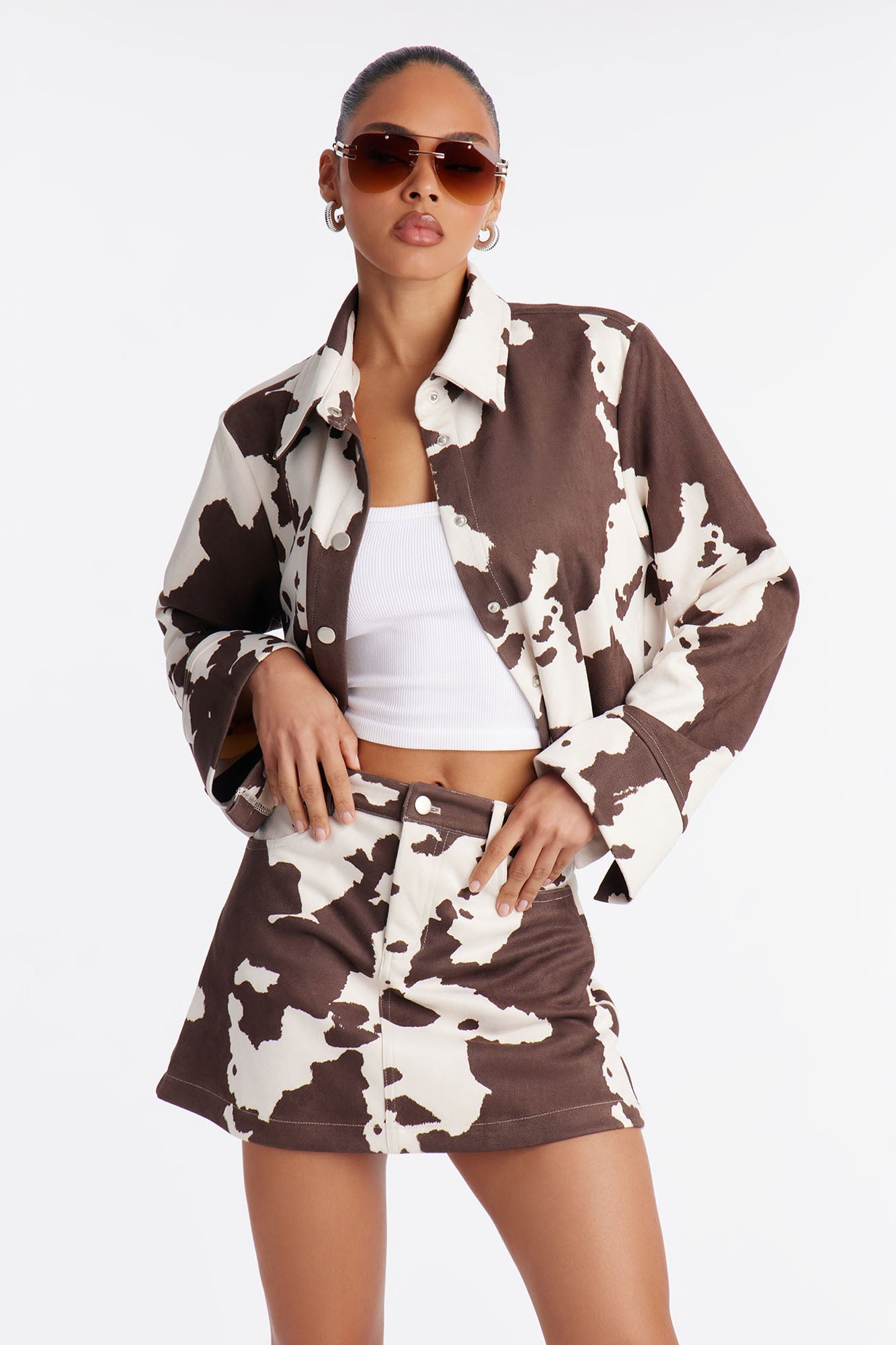 In The Mood Faux Suede Skirt Set - Brown/combo