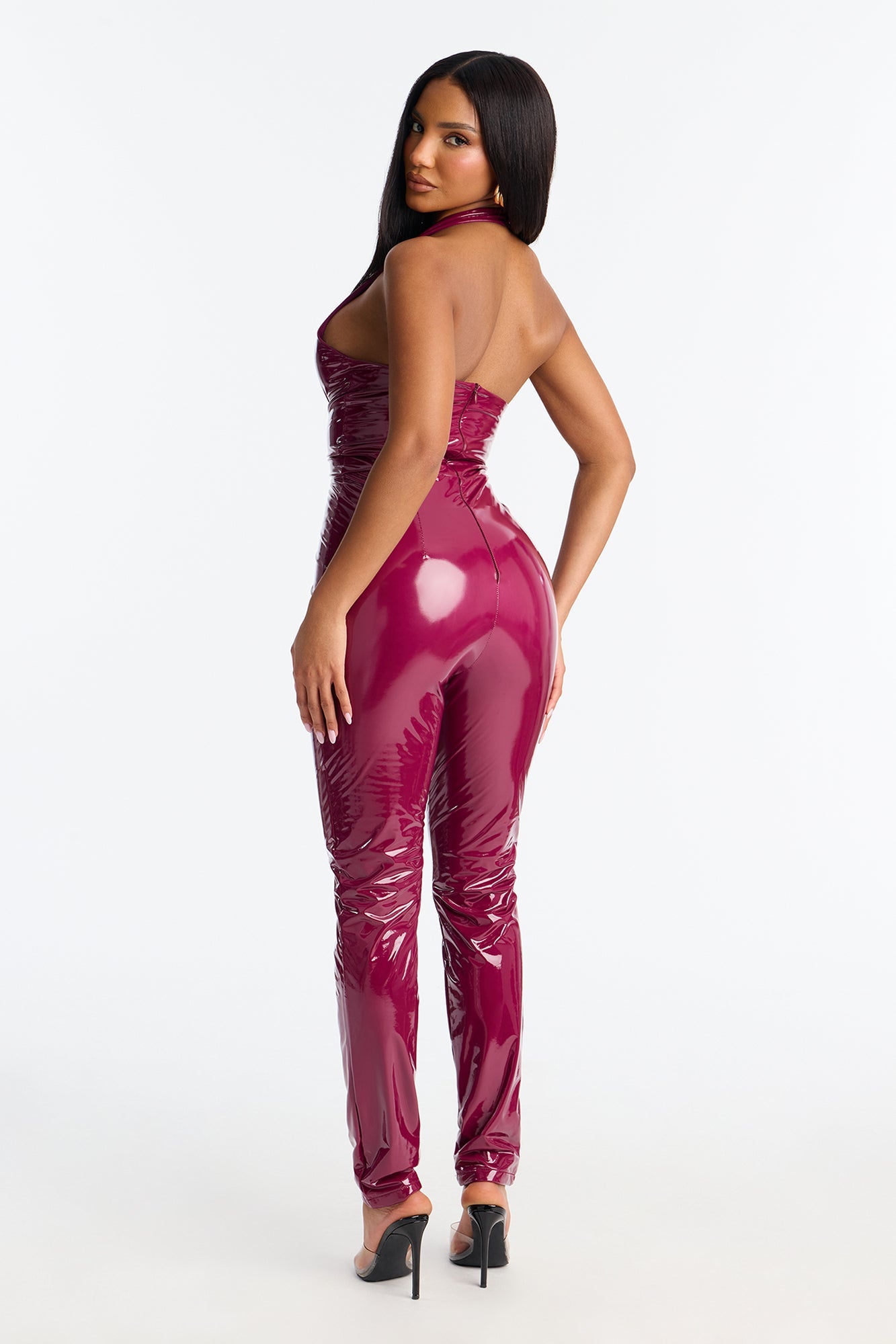 Suki Patent Leather Halter Jumpsuit - Magenta