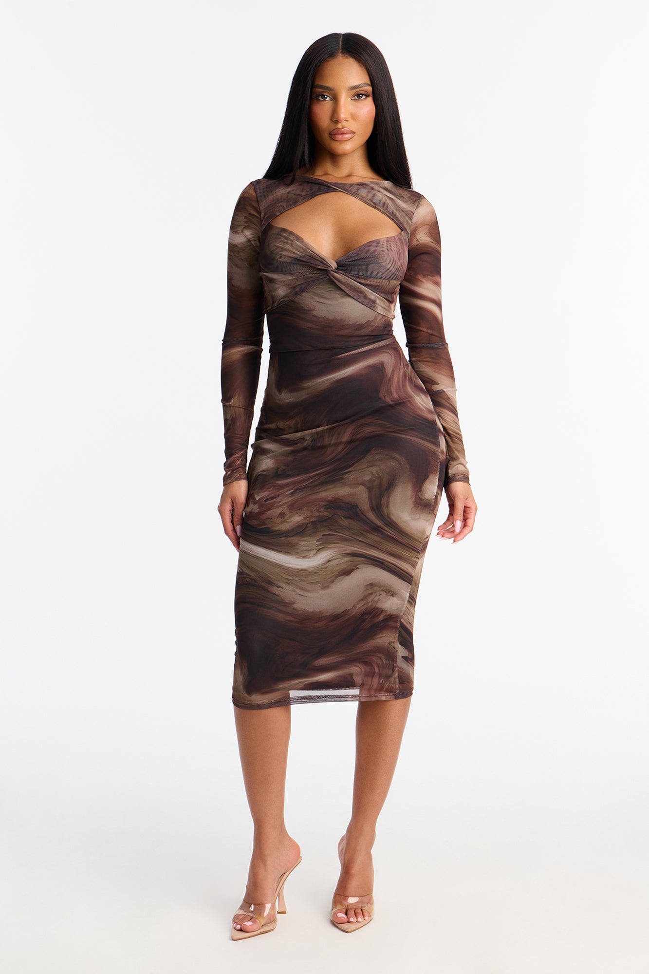 Harlow Long Sleeve Mesh Midi Dress - Brown