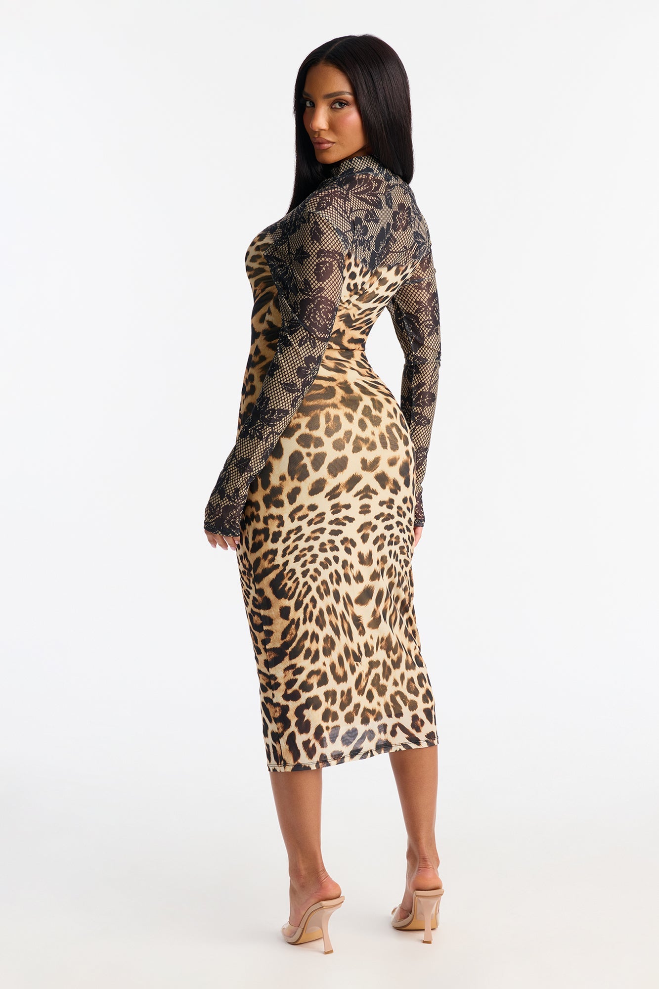 Nala Long Sleeve Mesh Midi Dress - Leopard