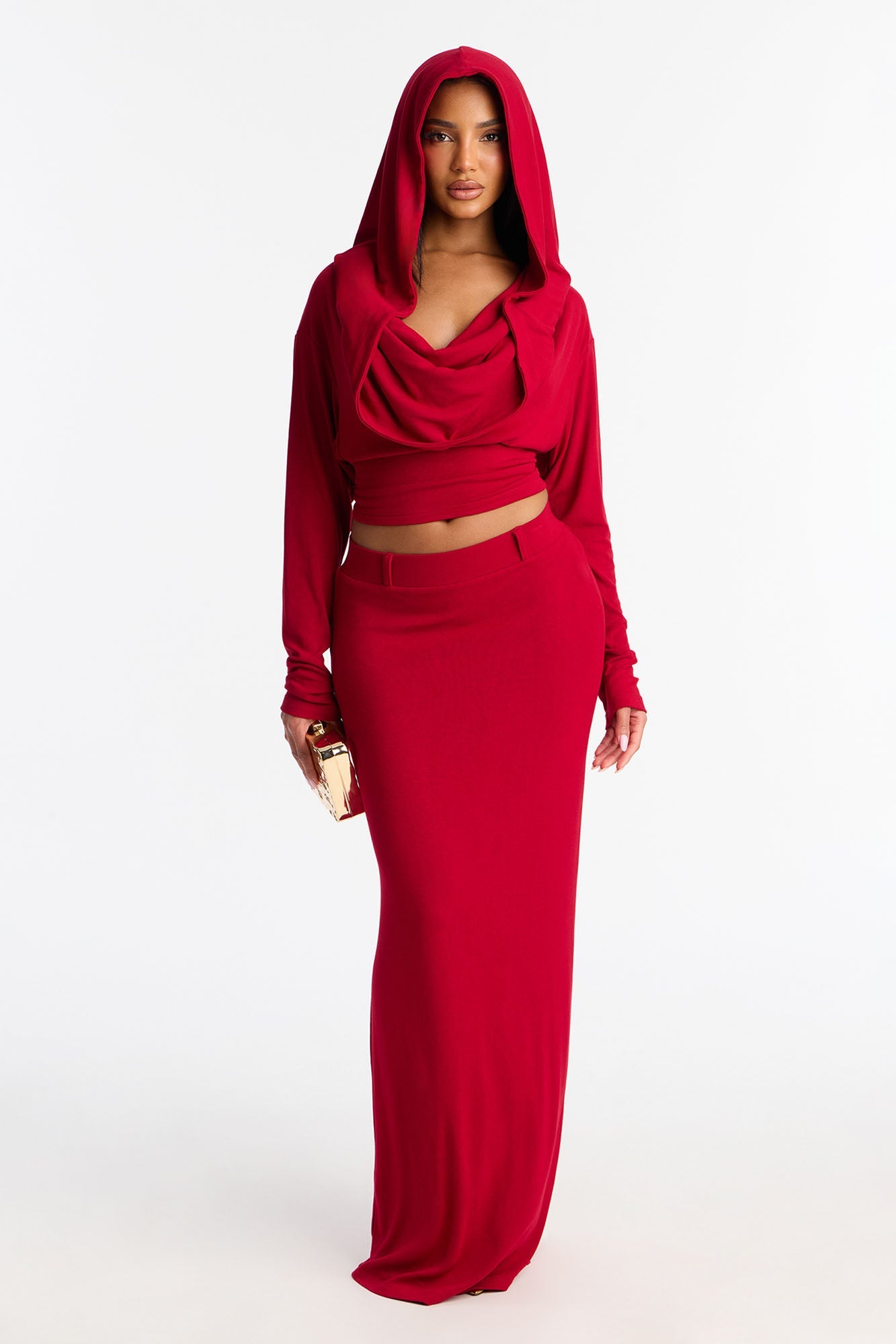 Flow With It Hooded Maxi Skirt Set - Red