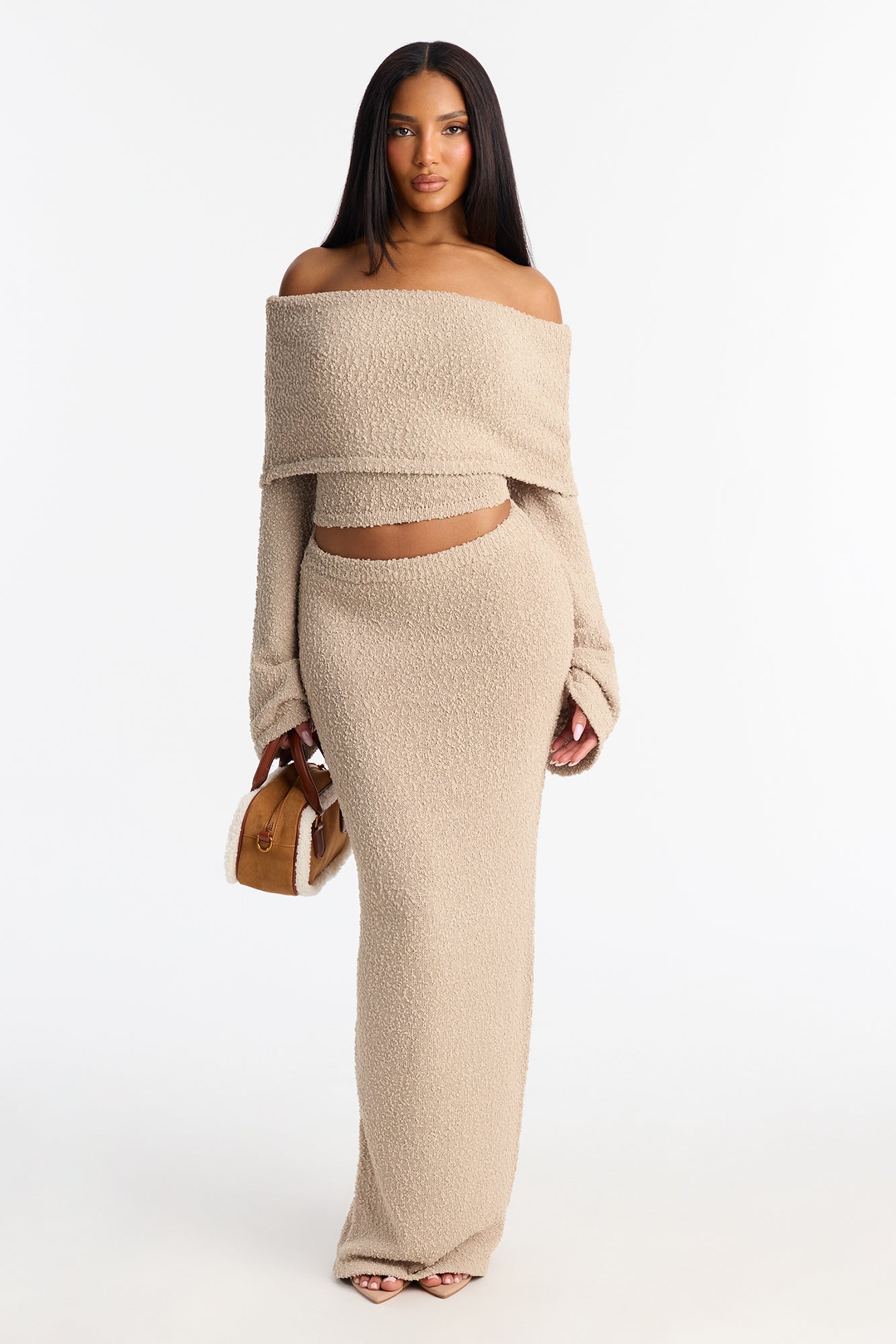 Double Date Off Shoulder Sweater Maxi Skirt Set - Taupe